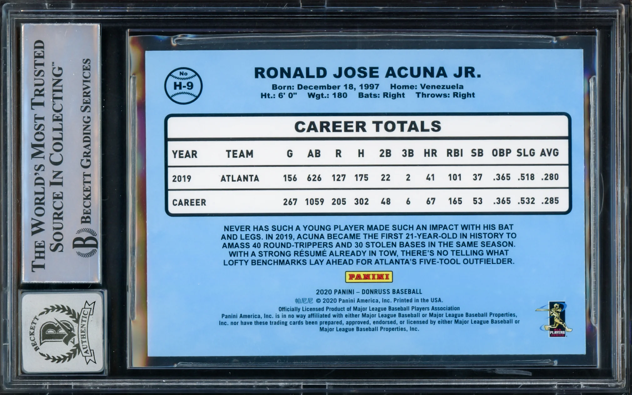 Ronald Acuna Jr. Autographed 2020 Donruss Highlights Vector Card #H-9 Atlanta Braves Auto Grade Gem Mint 10 Beckett BAS #15772096 - Image 2