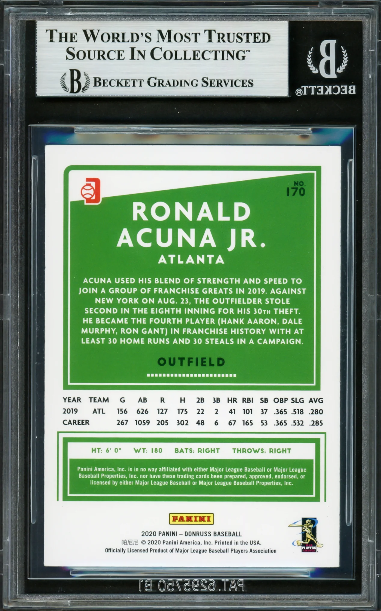 Ronald Acuna Jr. Autographed 2020 Donruss Variations Card #170 Atlanta Braves Beckett BAS #16710814 - Image 2