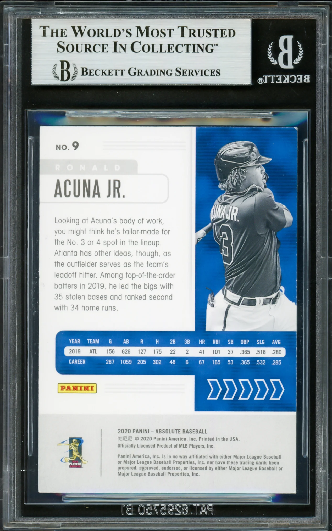 Ronald Acuna Jr. Autographed 2020 Panini Absolute Card #9 Atlanta Braves Beckett BAS #16710838 - Image 2