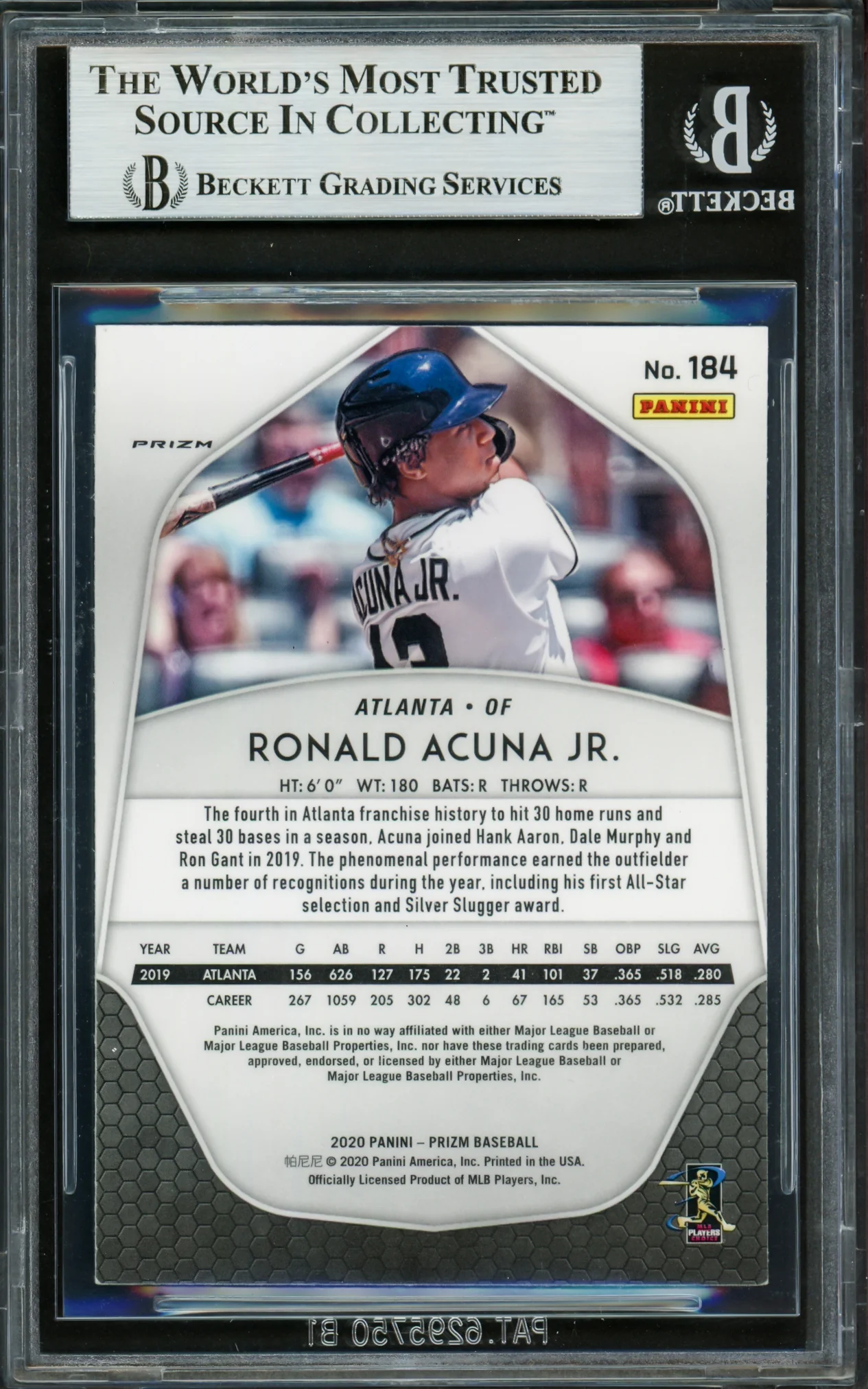Ronald Acuna Jr. Autographed 2020 Panini Prizm Card #184 Atlanta Braves Beckett BAS #16710846 - Image 2