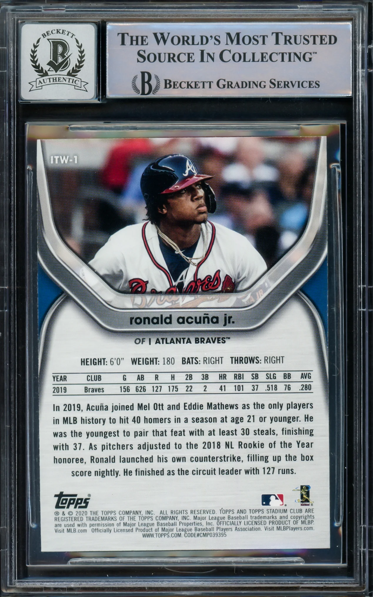 Ronald Acuna Jr. Autographed 2020 Stadium Club In The Wings Card #ITW-1 Atlanta Braves Auto Grade Gem Mint 10 Beckett BAS #15772119 - Image 2