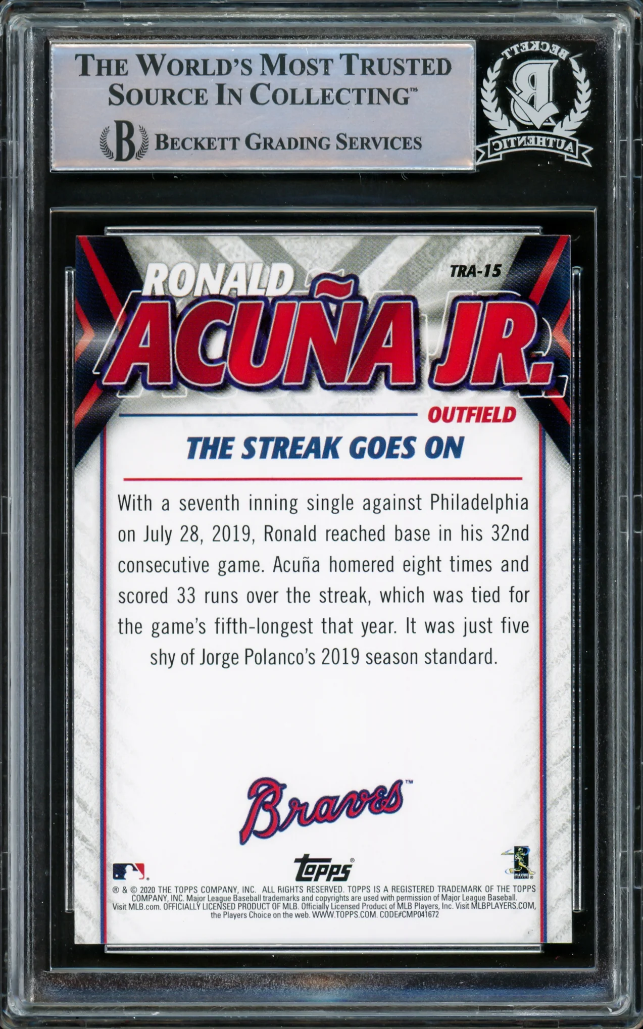 Ronald Acuna Jr. Autographed 2020 Topps Highlights Card #TRA-15 Atlanta Braves Beckett BAS #15778294 - Image 2