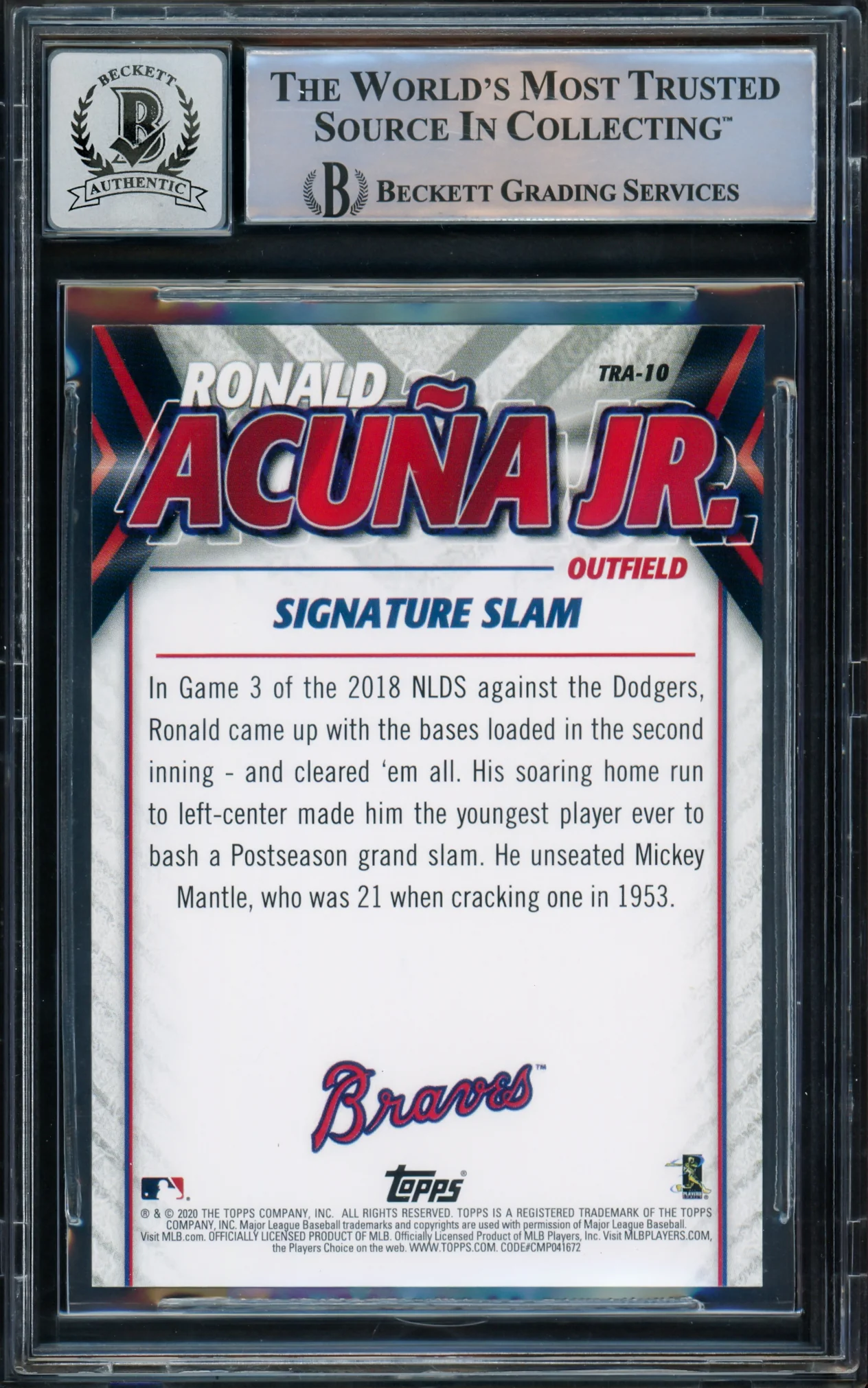 Ronald Acuna Jr. Autographed 2020 Topps Update Highlights Card #TRA-10 Atlanta Braves Auto Grade Gem Mint 10 Beckett BAS #15772112 - Image 2