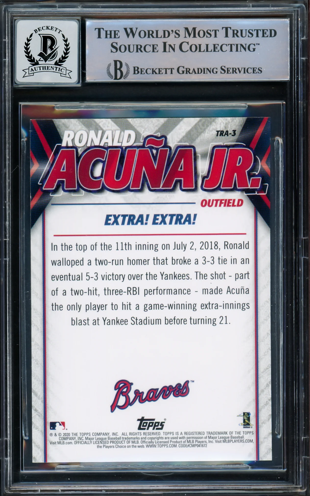 Ronald Acuna Jr. Autographed 2020 Topps Update Highlights Card #TRA-3 Atlanta Braves Auto Grade Gem Mint 10 Beckett BAS #15772109 - Image 2