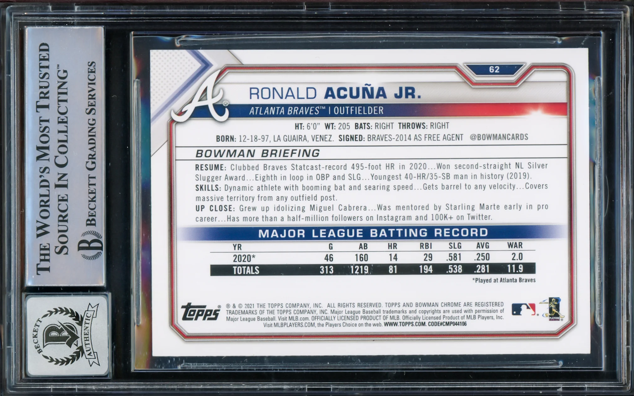 Ronald Acuna Jr. Autographed 2021 Bowman Card #62 Atlanta Braves Auto Grade Gem Mint 10 Beckett BAS #15772120 - Image 2