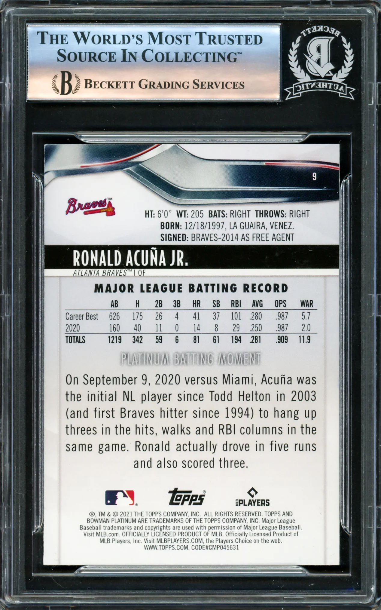 Ronald Acuna Jr. Autographed 2021 Bowman Platinum Card #9 Atlanta Braves Beckett BAS #16175149 - Image 2
