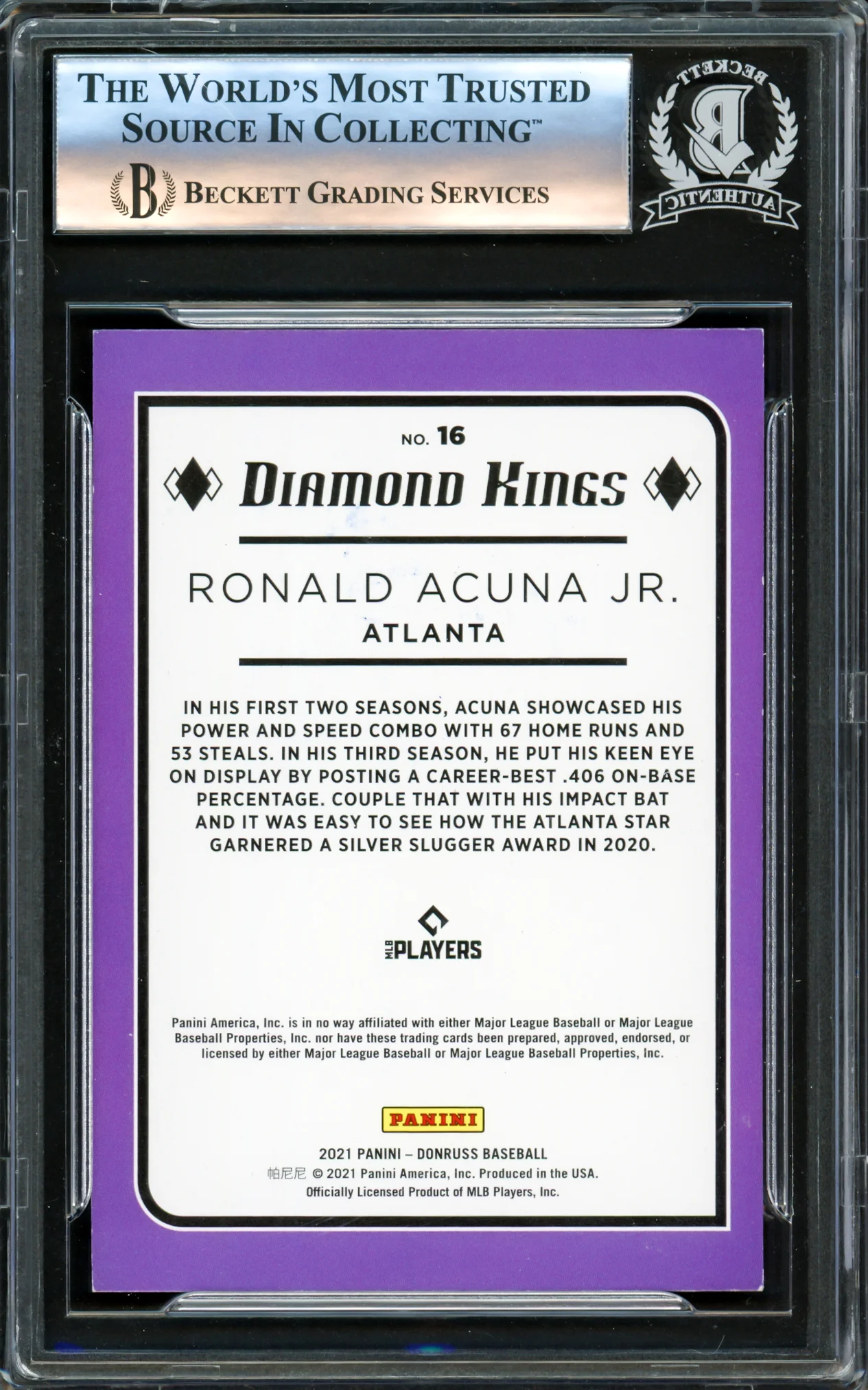 Ronald Acuna Jr. Autographed 2021 Donruss Diamond Kings Card #16 Atlanta Braves Beckett BAS #16175152 - Image 2