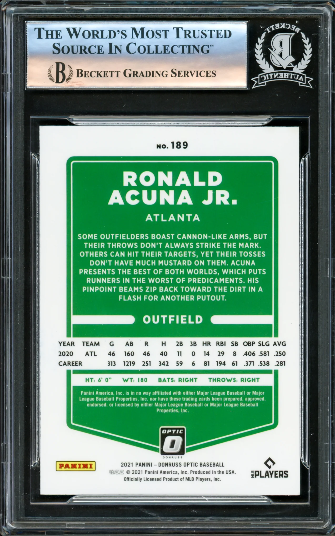 Ronald Acuna Jr. Autographed 2021 Donruss Optic Card #189 Atlanta Braves Beckett BAS #16175153 - Image 2