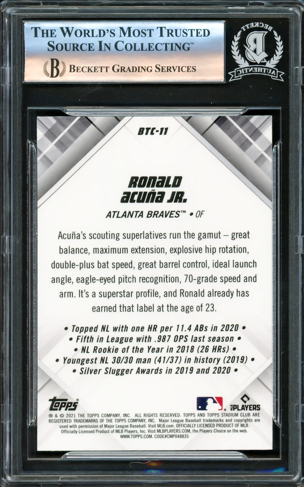 Ronald Acuna Jr. Autographed 2021 Stadium Club Chrome Beam Team Card #BTC-11 Atlanta Braves Beckett BAS #16175162 - Image 2