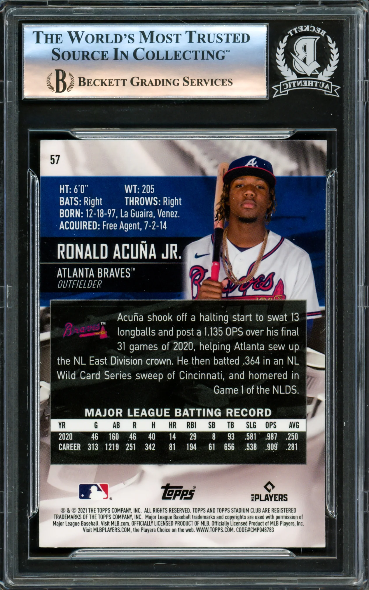 Ronald Acuna Jr. Autographed 2021 Stadium Club Chrome Card #57 Atlanta Braves Beckett BAS #16175158 - Image 2