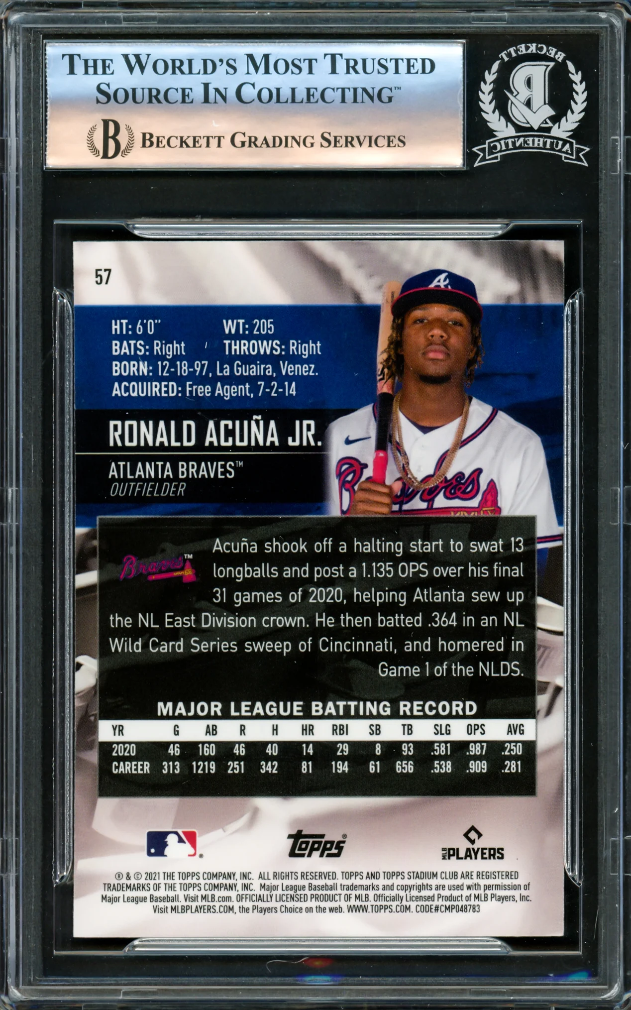 Ronald Acuna Jr. Autographed 2021 Stadium Club Chrome Card #57 Atlanta Braves Beckett BAS #16175160 - Image 2