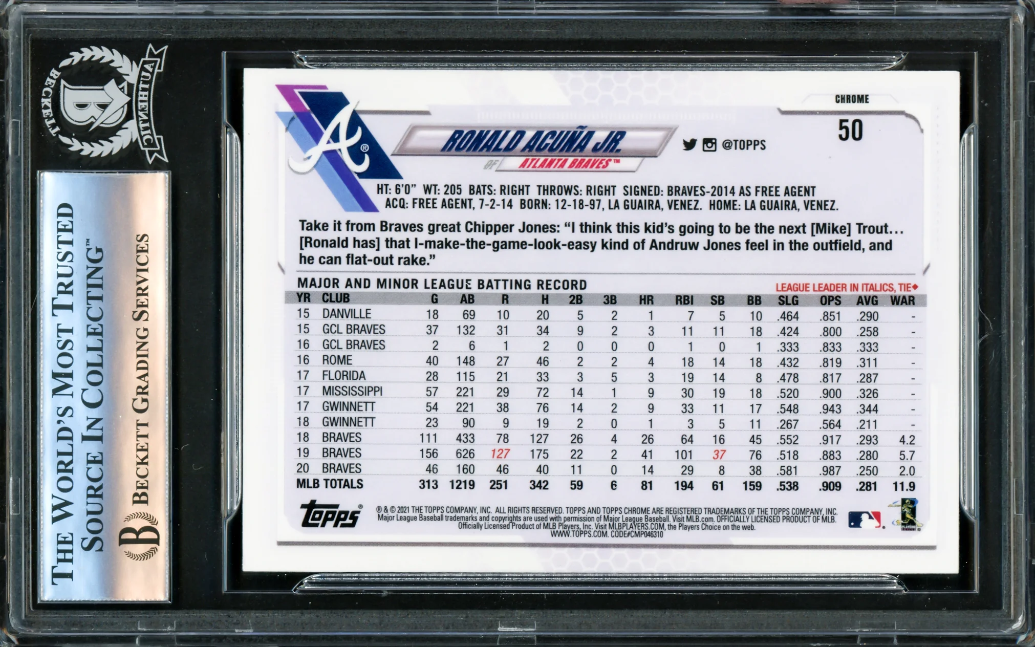 Ronald Acuna Jr. Autographed 2021 Topps Chrome Card #50 Atlanta Braves Beckett BAS #16175172 - Image 2
