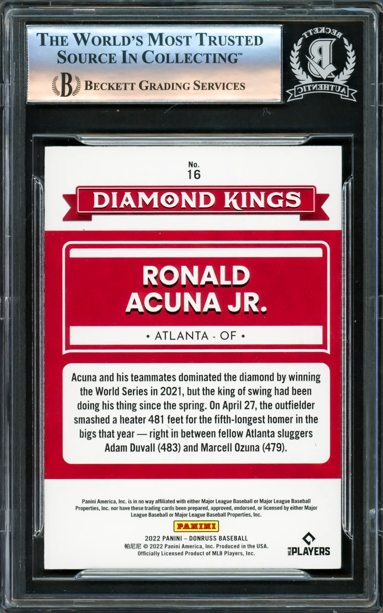 Ronald Acuna Jr. Autographed 2022 Donruss Diamond Kings Card #16 Atlanta Braves Beckett BAS #16175307 - Image 2