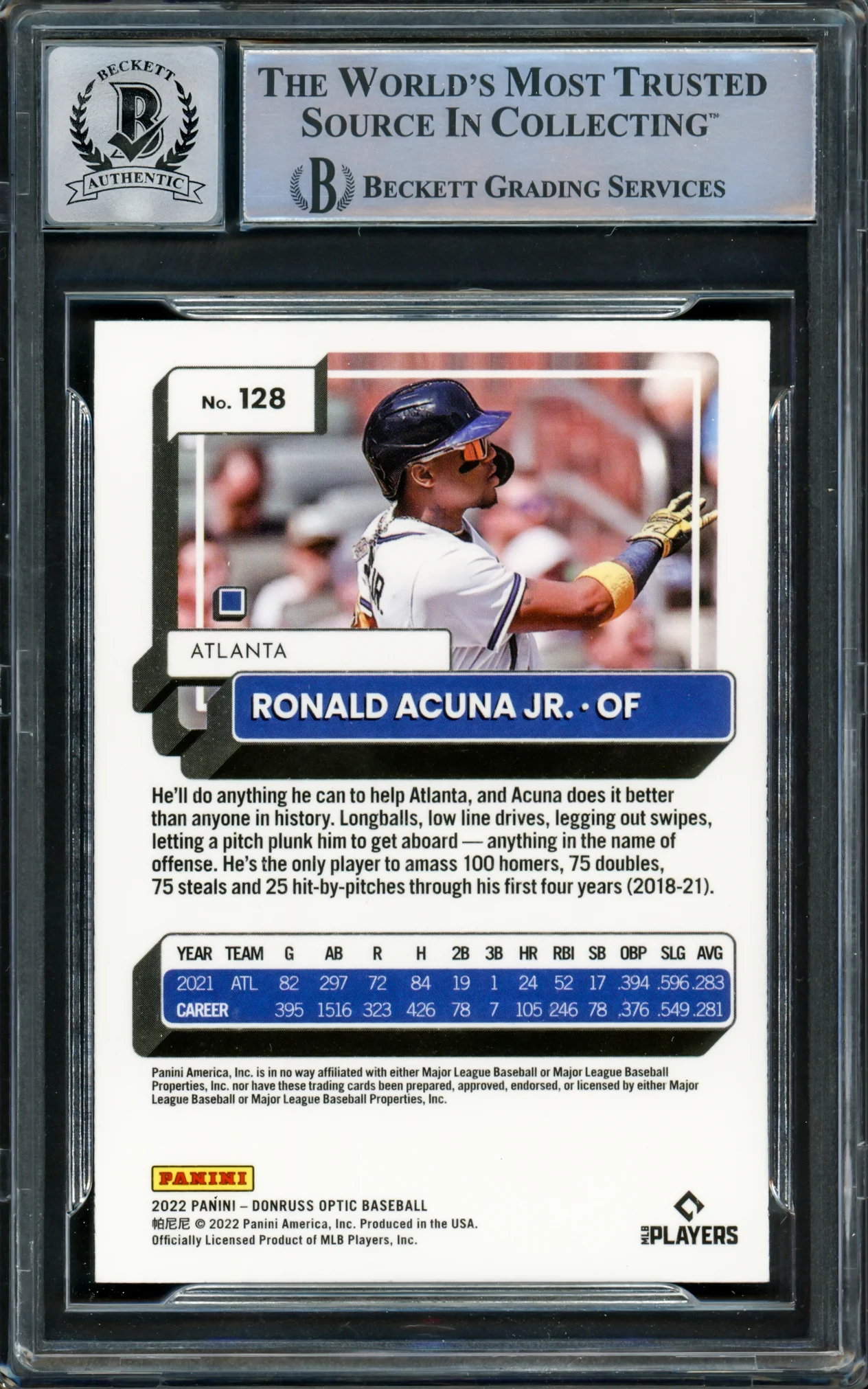 Ronald Acuna Jr. Autographed 2022 Donruss Optic Card #128 Atlanta Braves Auto Grade Gem Mint 10 Beckett BAS #15859410 - Image 2