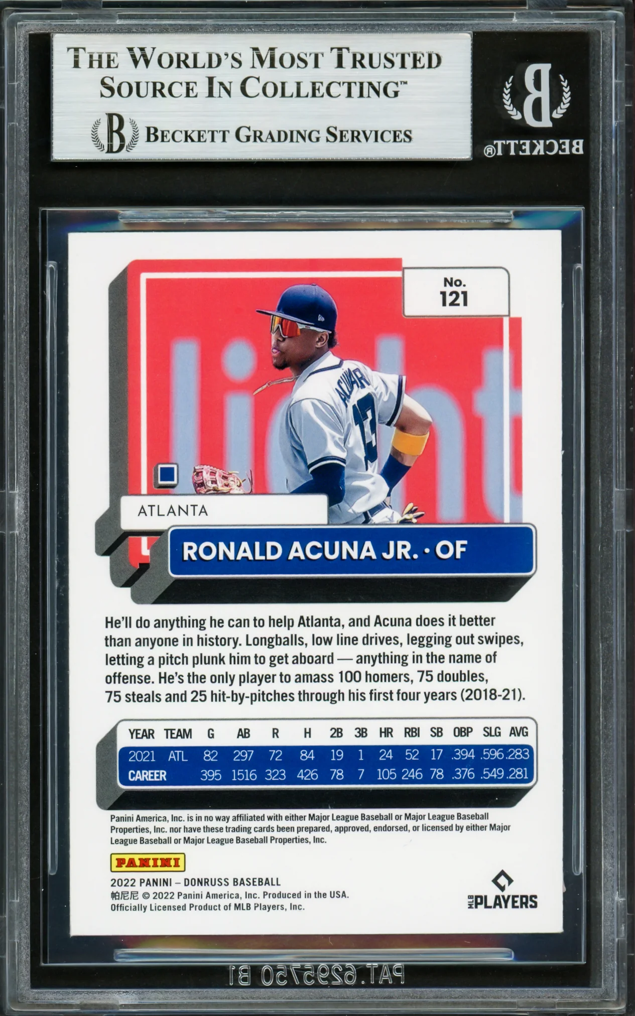 Ronald Acuna Jr. Autographed 2022 Donruss Red Variations Card #121 Atlanta Braves Beckett BAS #16711171 - Image 2
