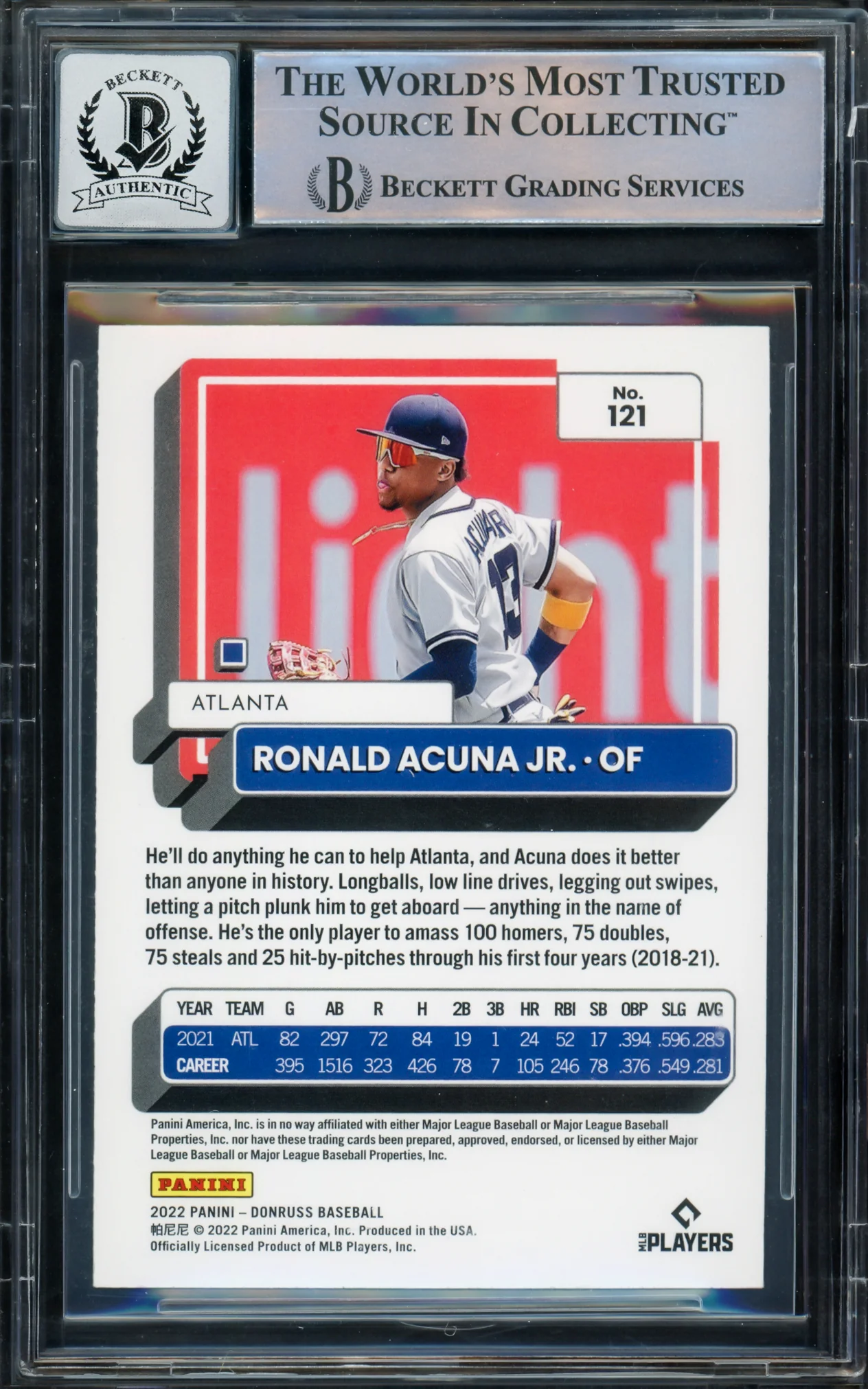Ronald Acuna Jr. Autographed 2022 Donruss Variation Card #121 Atlanta Braves Auto Grade Gem Mint 10 Beckett BAS #16167616 - Image 2