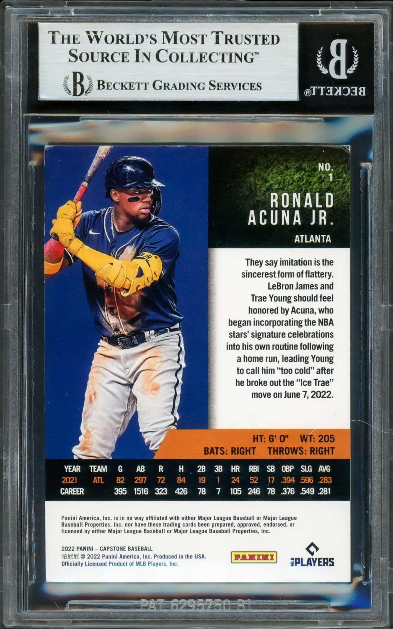 Ronald Acuna Jr. Autographed 2022 Panini Capstone Card #1 Atlanta Braves Beckett BAS #16711175 - Image 2