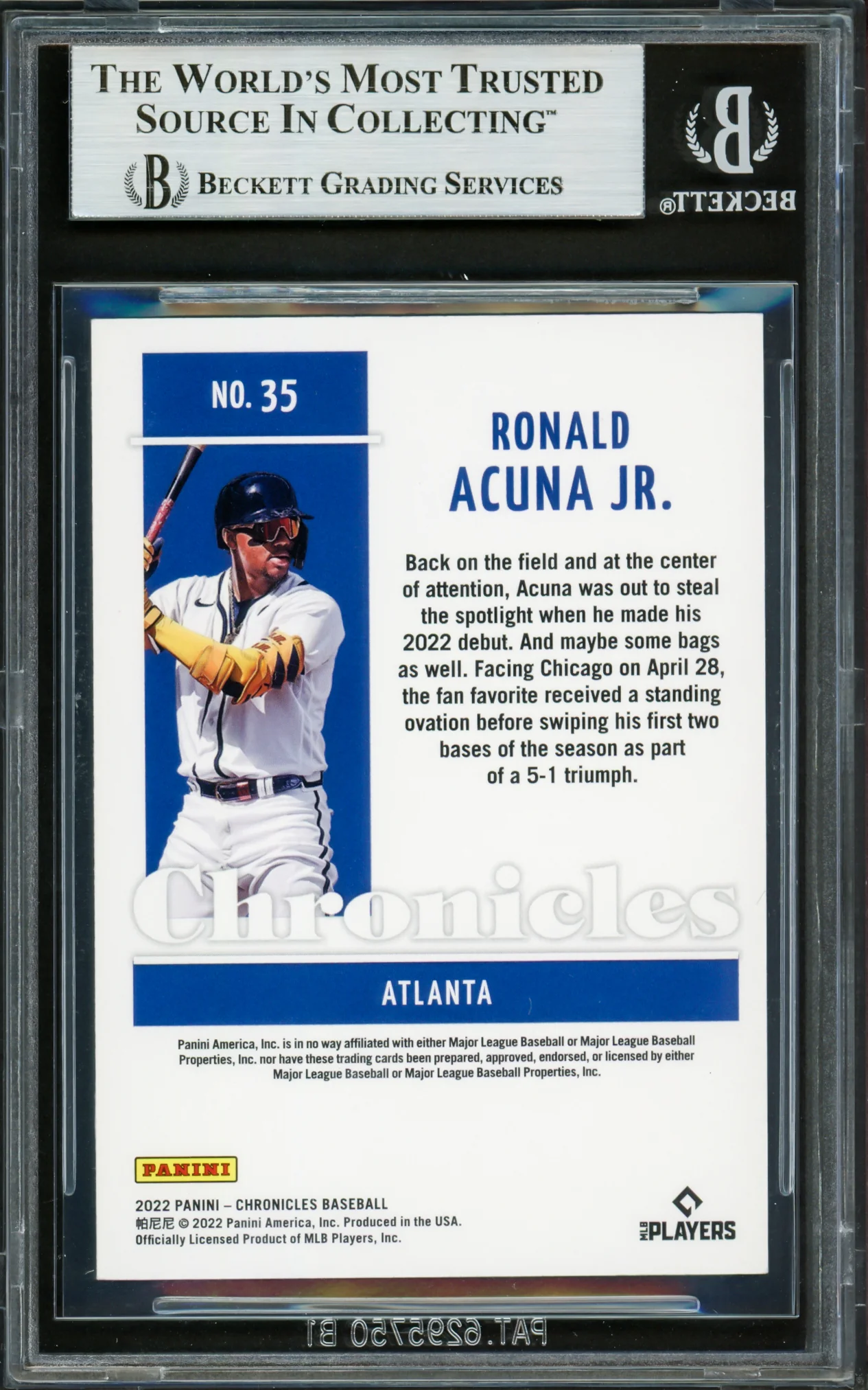 Ronald Acuna Jr. Autographed 2022 Panini Chronicles Card #35 Atlanta Braves Beckett BAS #16711179 - Image 2