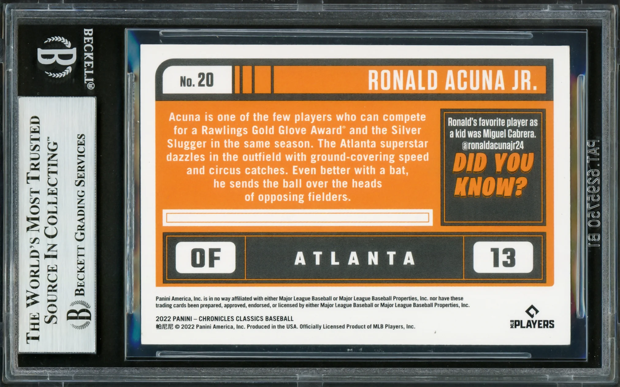 Ronald Acuna Jr. Autographed 2022 Panini Chronicles Classics Card #20 Atlanta Braves Beckett BAS #16711187 - Image 2