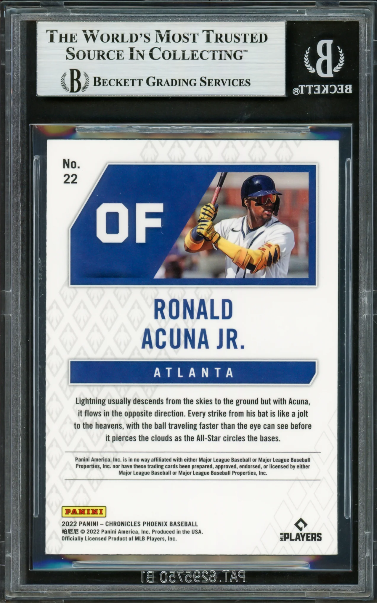 Ronald Acuna Jr. Autographed 2022 Panini Phoenix Building Blocks Card #22 Atlanta Braves Beckett BAS #16711346 - Image 2