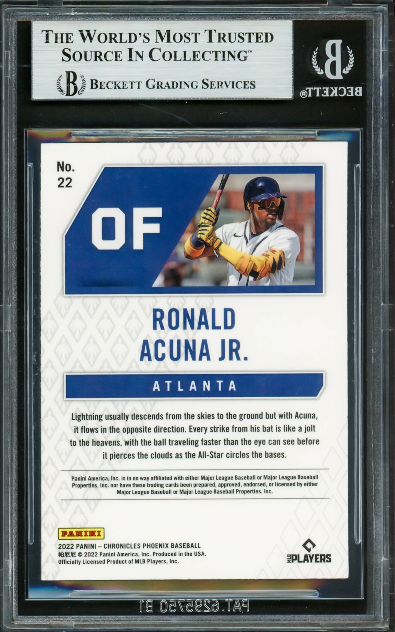 Ronald Acuna Jr. Autographed 2022 Panini Phoenix Pink Pulsar Card #22 Atlanta Braves Beckett BAS #16711294 - Image 2