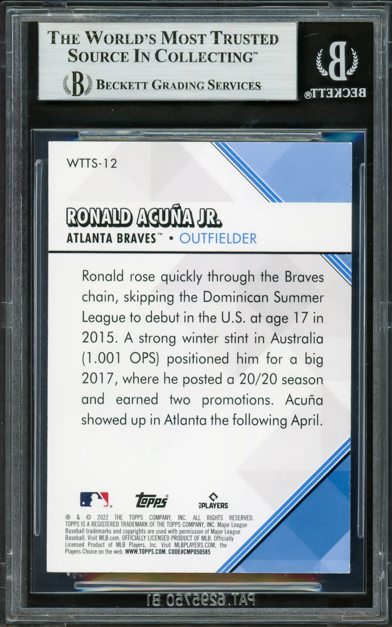 Ronald Acuna Jr. Autographed 2022 Topps Welcome To The Show Card #WTTS12 Atlanta Braves Beckett BAS #16711364 - Image 2