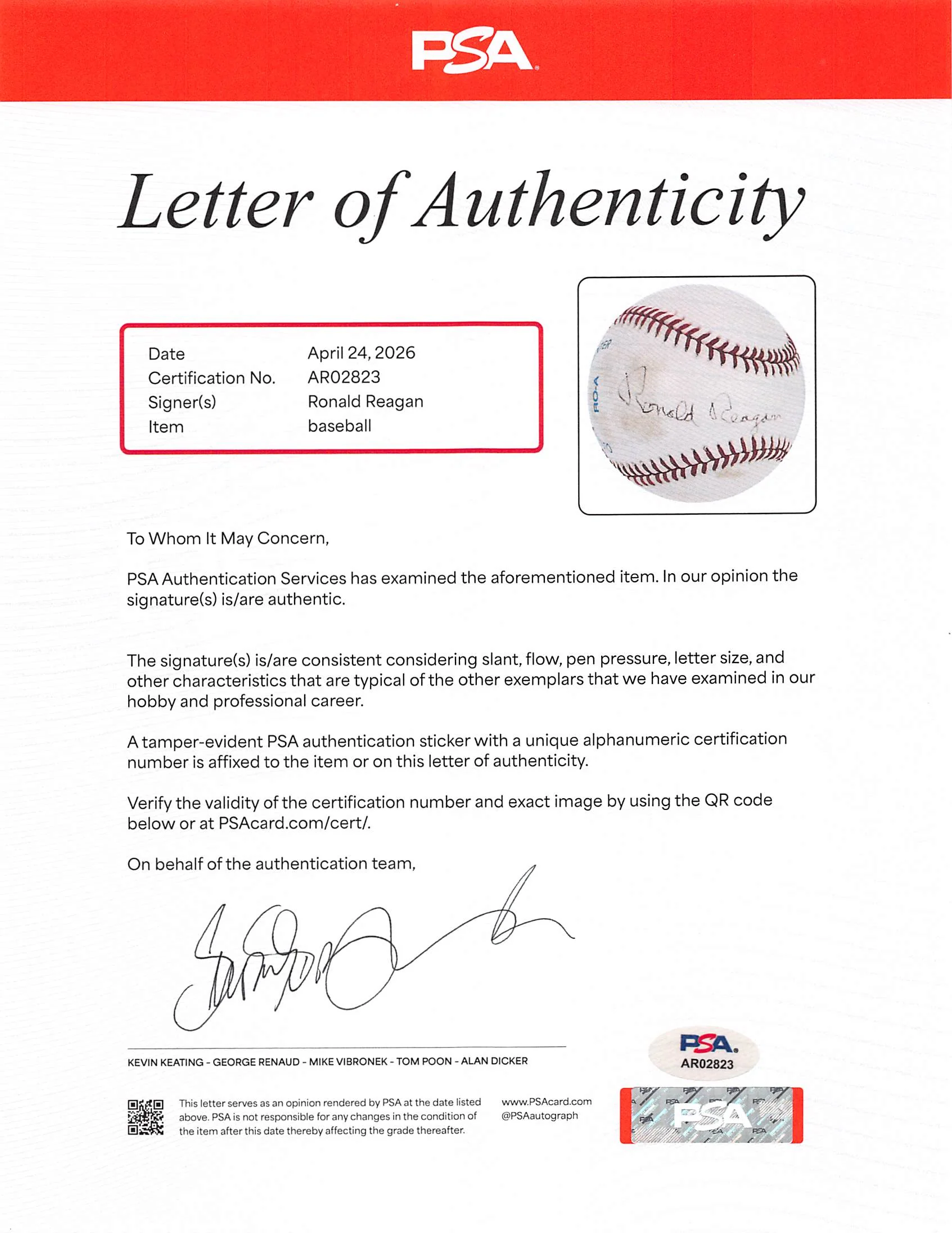 Ronald Reagan Authentic Signed Bobby Brown OAL Baseball PSA/DNA #AR02823 - Image 10