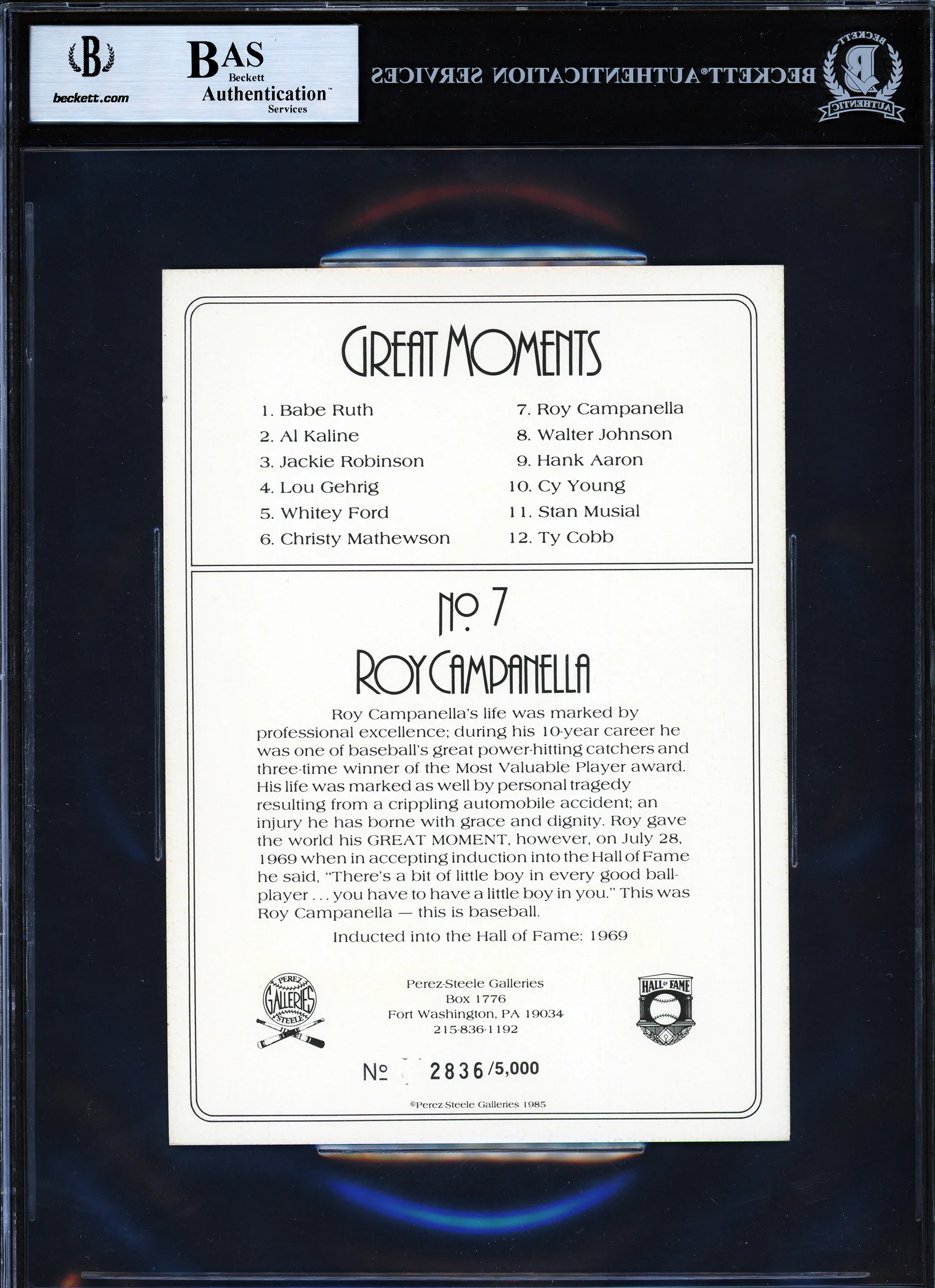 Roy Campanella Autographed 1985 Perez Steele Great Moments Card Brooklyn Dodgers Beckett BAS #15884911 - Image 2