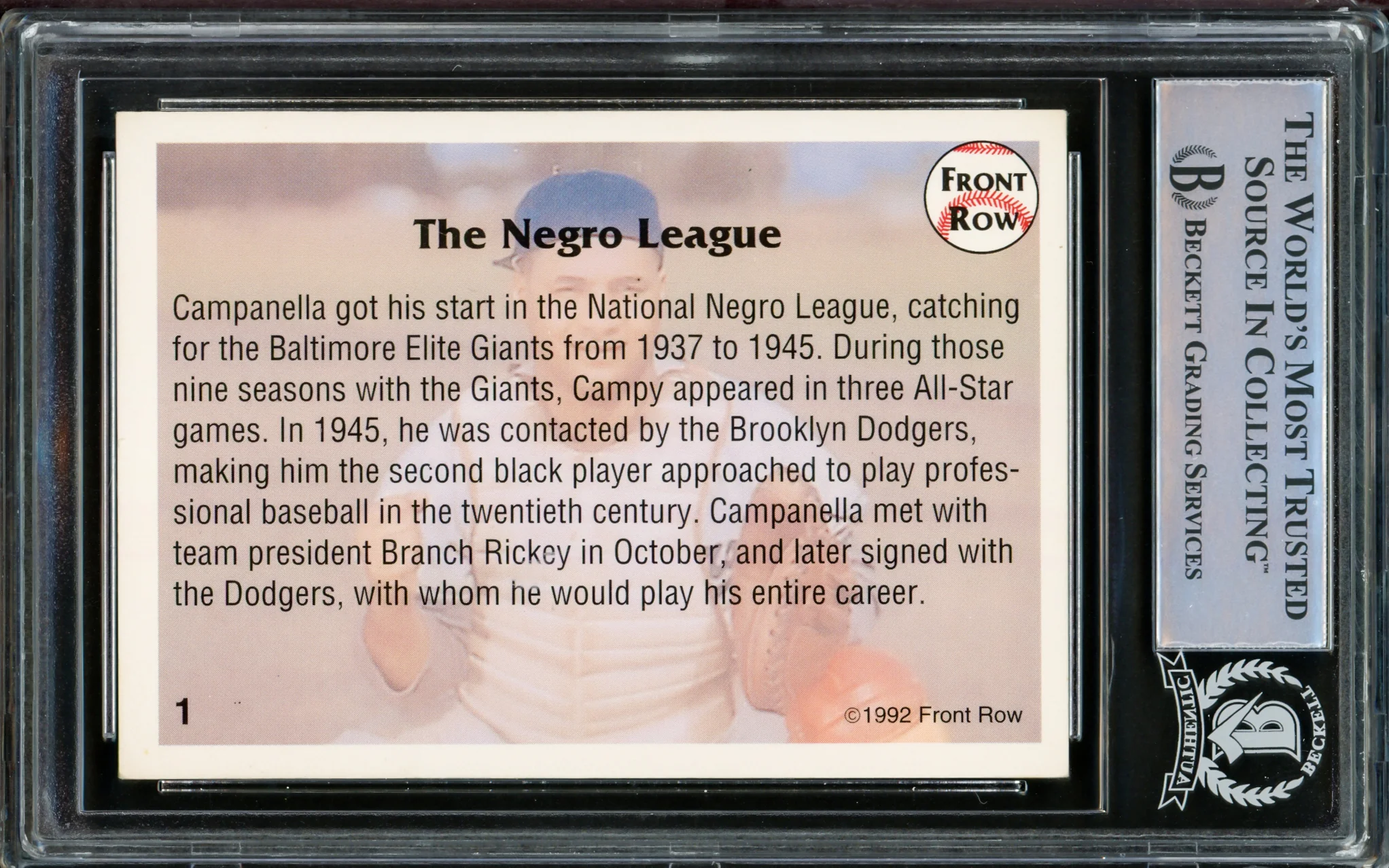 Roy Campanella Autographed 1992 Front Row Card #1 Brooklyn Dodgers Beckett BAS #15091497 - Image 2