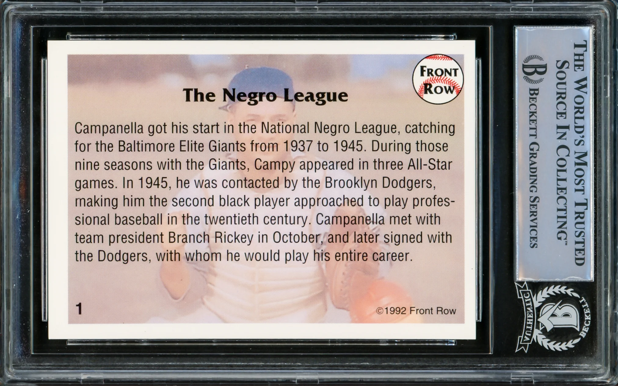 Roy Campanella Autographed 1992 Front Row Card #1 Brooklyn Dodgers Beckett BAS #15499730 - Image 2