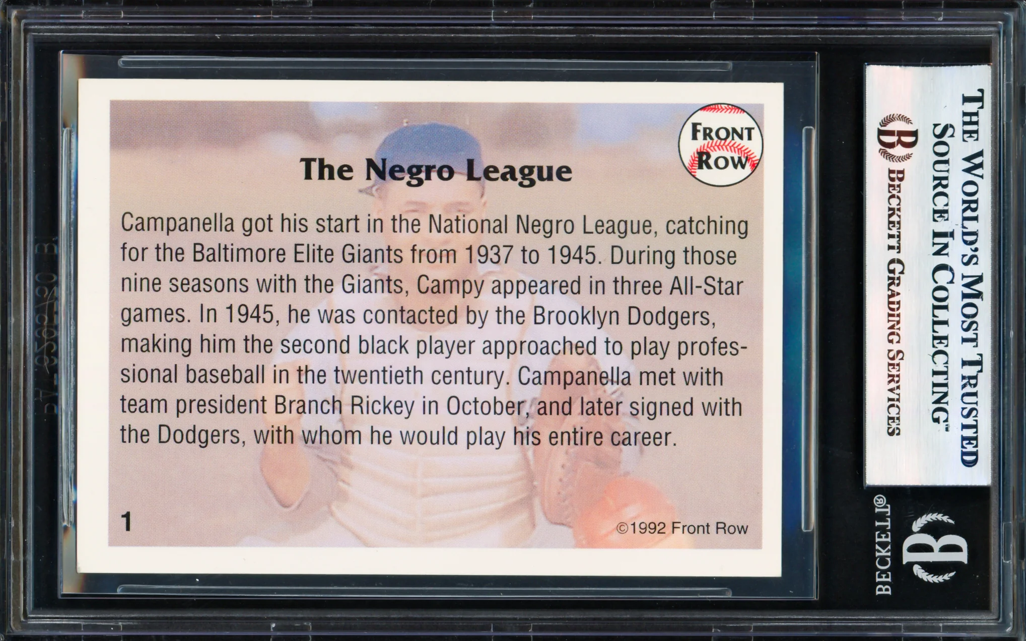 Roy Campanella Autographed 1992 Front Row Card #1 Brooklyn Dodgers Beckett BAS #17856379 - Image 2