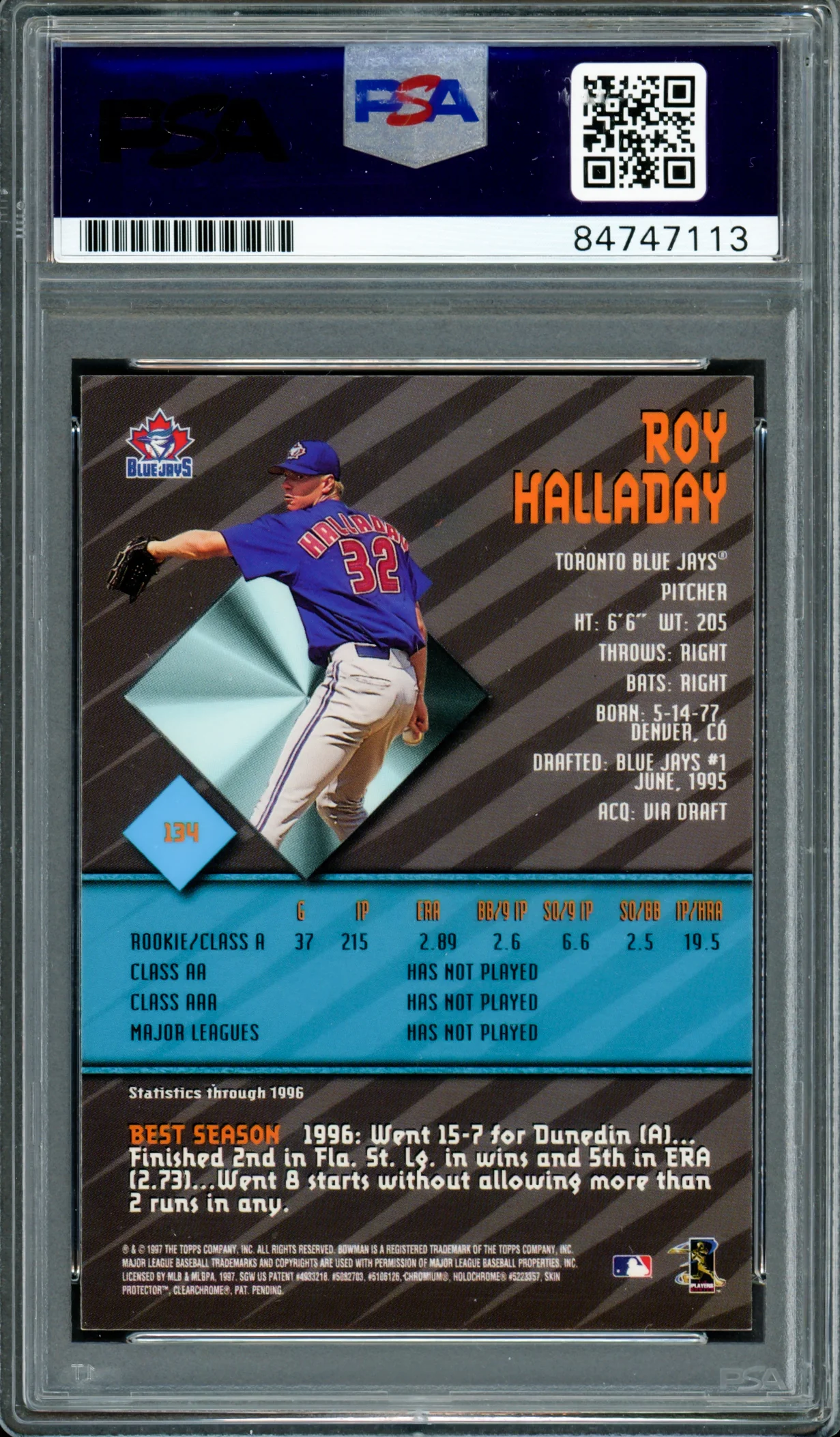 Roy Halladay Autographed 1997 Bowman's Best Rookie Card #134 Toronto Blue Jays PSA/DNA #84747113 - Image 2