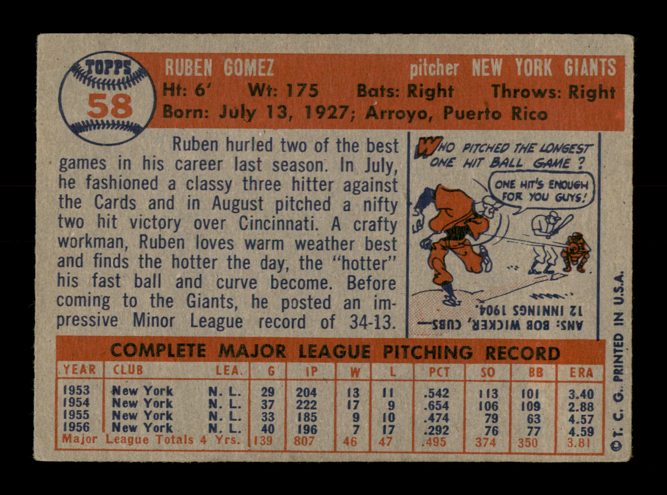 Ruben Gomez Autographed 1957 Topps Card #58 New York Giants SKU #198498 - Image 2