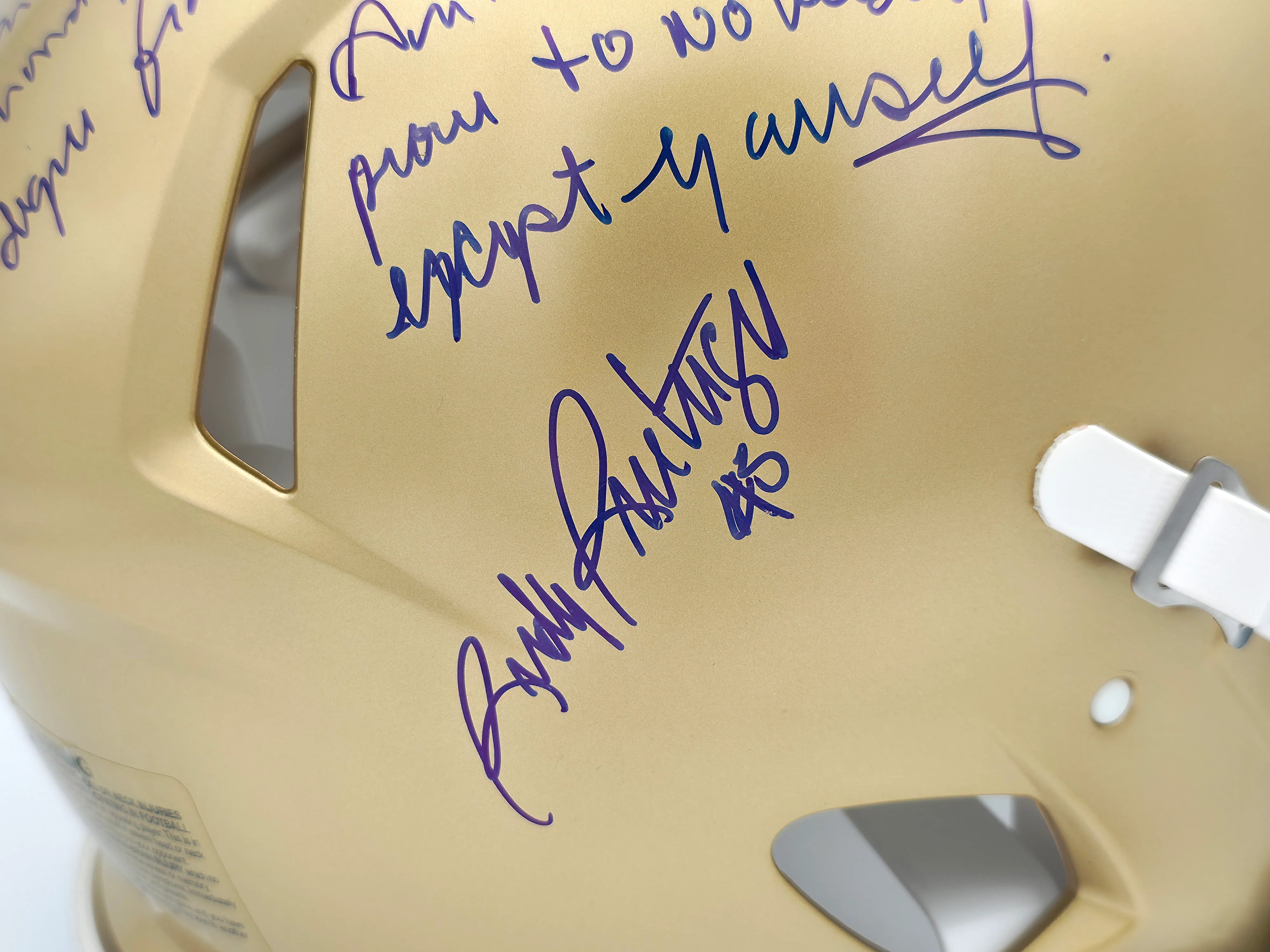 Rudy Ruettiger Autographed Notre Dame Fighting Irish Gold Full Size Authentic Speed Helmet Full Movie Speech Beckett BAS Witness Stock #243660 - Image 2