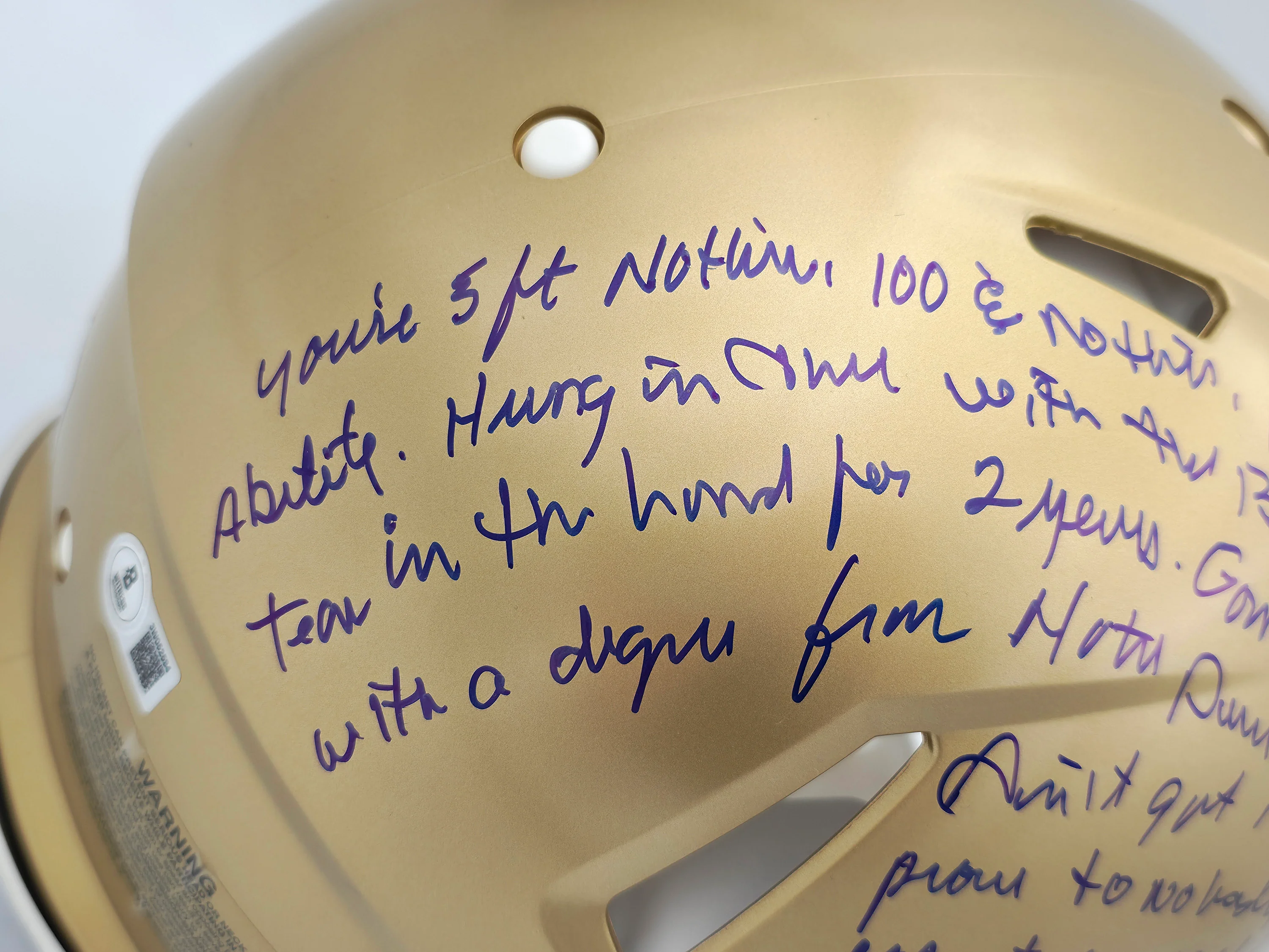 Rudy Ruettiger Autographed Notre Dame Fighting Irish Gold Full Size Authentic Speed Helmet Full Movie Speech Beckett BAS Witness Stock #243660 - Image 3