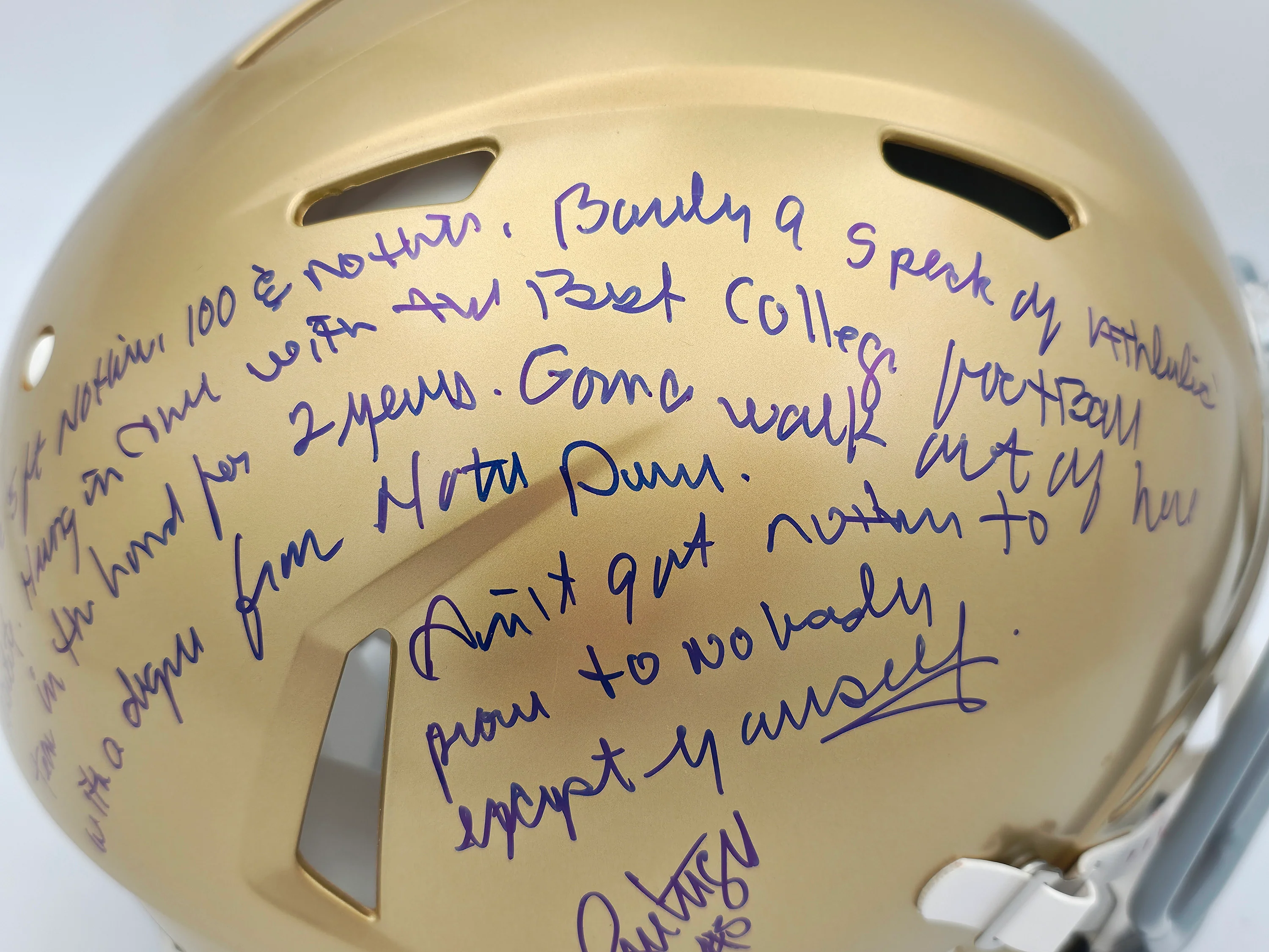 Rudy Ruettiger Autographed Notre Dame Fighting Irish Gold Full Size Authentic Speed Helmet Full Movie Speech Beckett BAS Witness Stock #243660 - Image 4