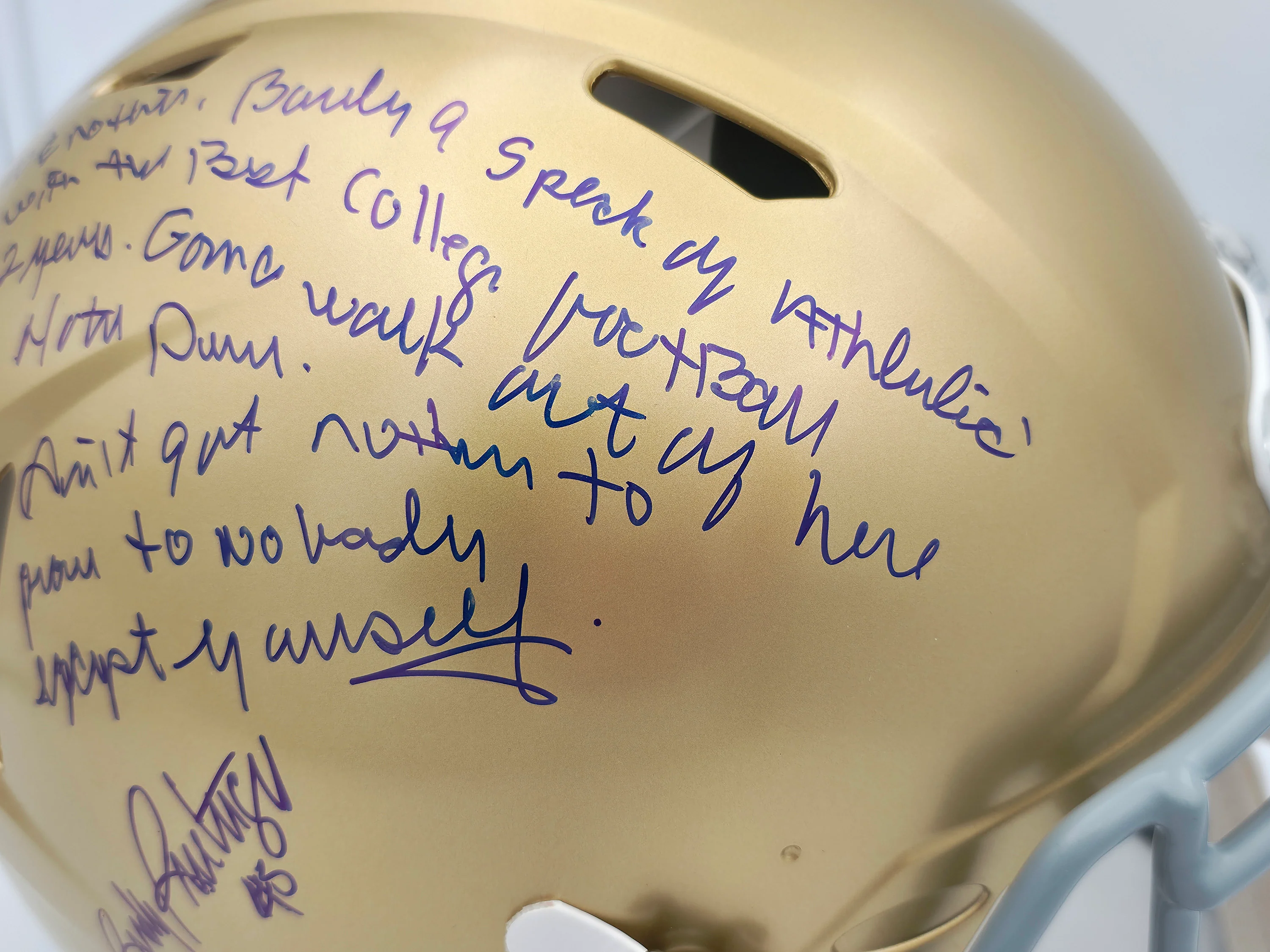 Rudy Ruettiger Autographed Notre Dame Fighting Irish Gold Full Size Authentic Speed Helmet Full Movie Speech Beckett BAS Witness Stock #243660 - Image 5