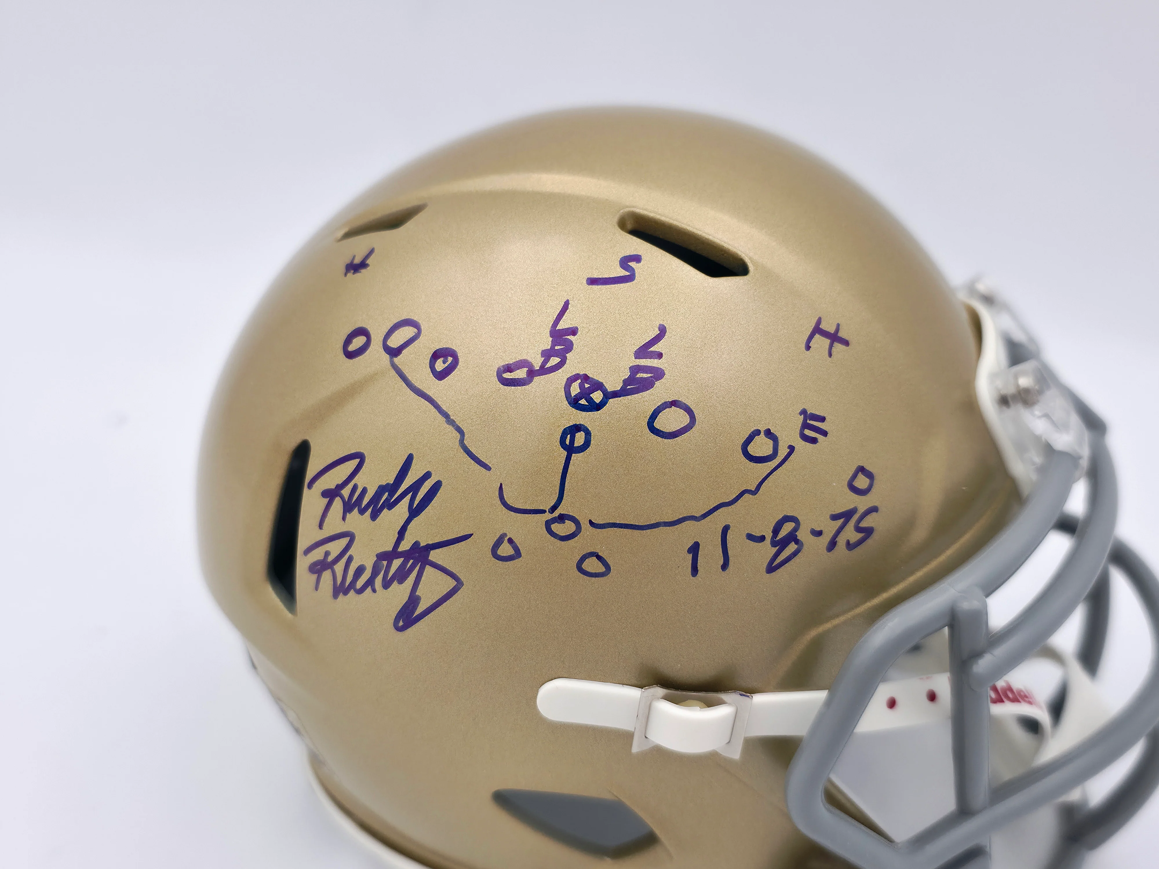 Rudy Ruettiger Autographed Notre Dame Fighting Irish Gold Speed Mini Helmet "Play Sketch" Beckett BAS Witness Stock #244039 - Image 3