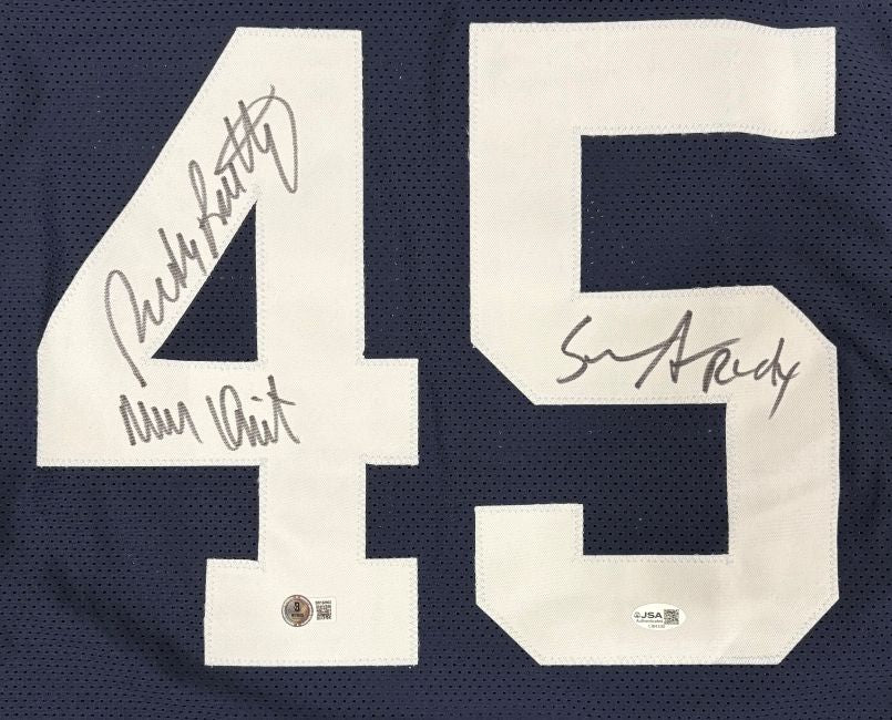 Rudy Ruettiger Sean Astin Notre Dame Signed Blue Jersey Never Quit BAS+JSA - Image 2