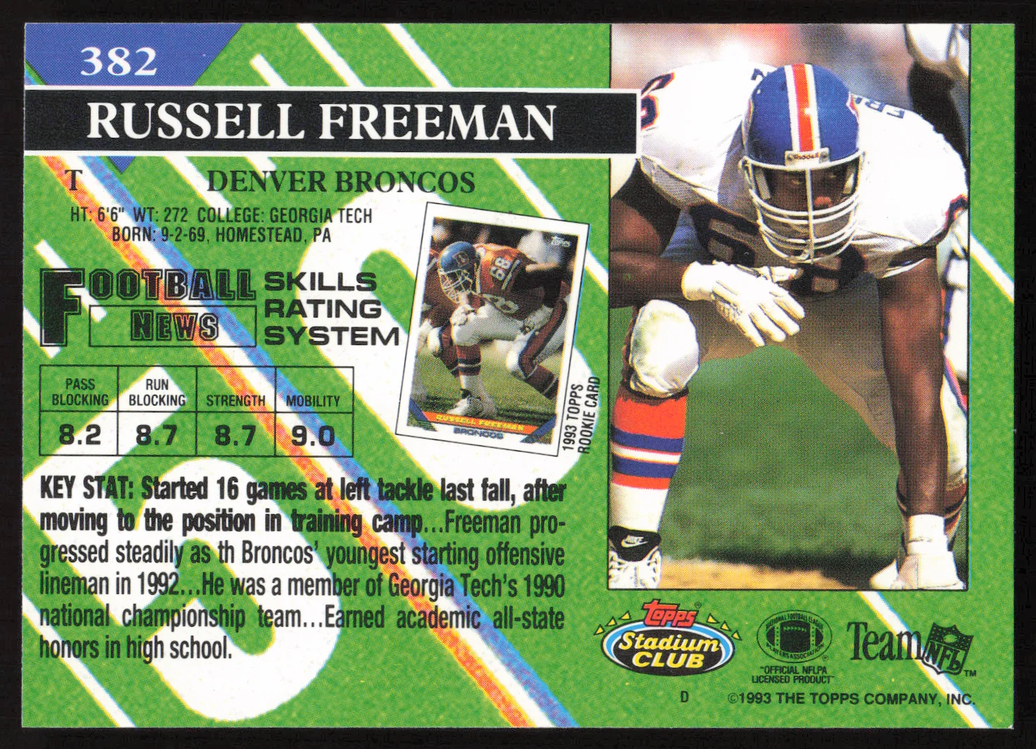Russell Freeman Autographed 1993 Stadium Club Card #382 Denver Broncos SKU #261052 - Image 2