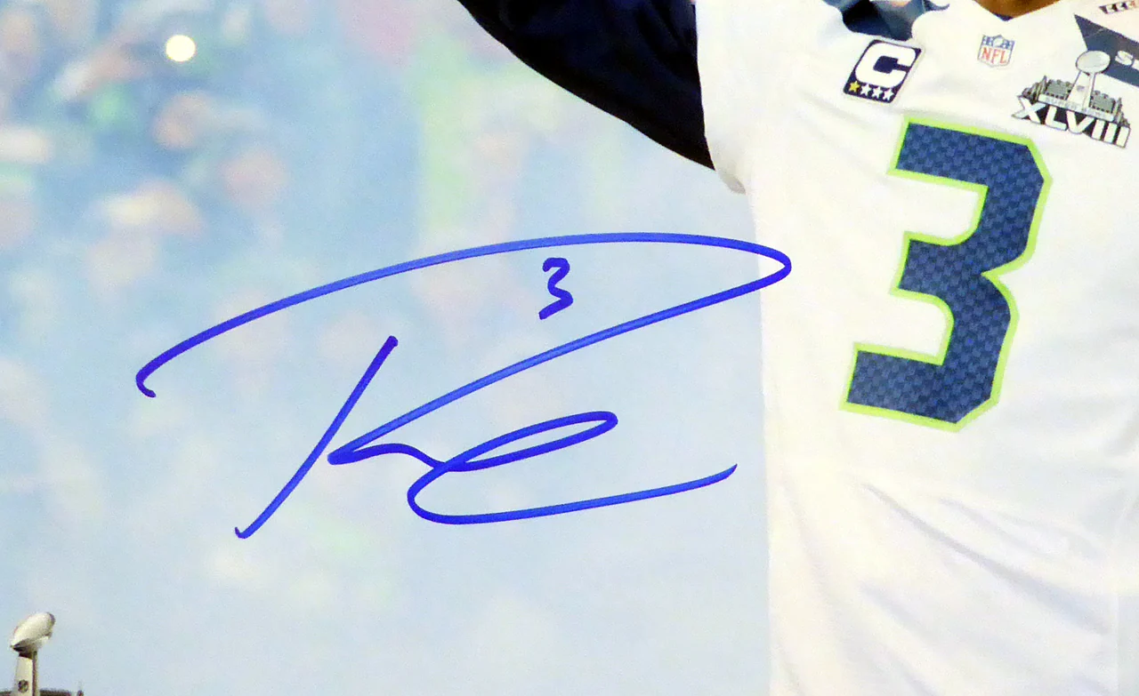 Russell Wilson Autographed 16x20 Photo Seattle Seahawks Super Bowl Trophy RW Holo Stock #95144 - Image 2