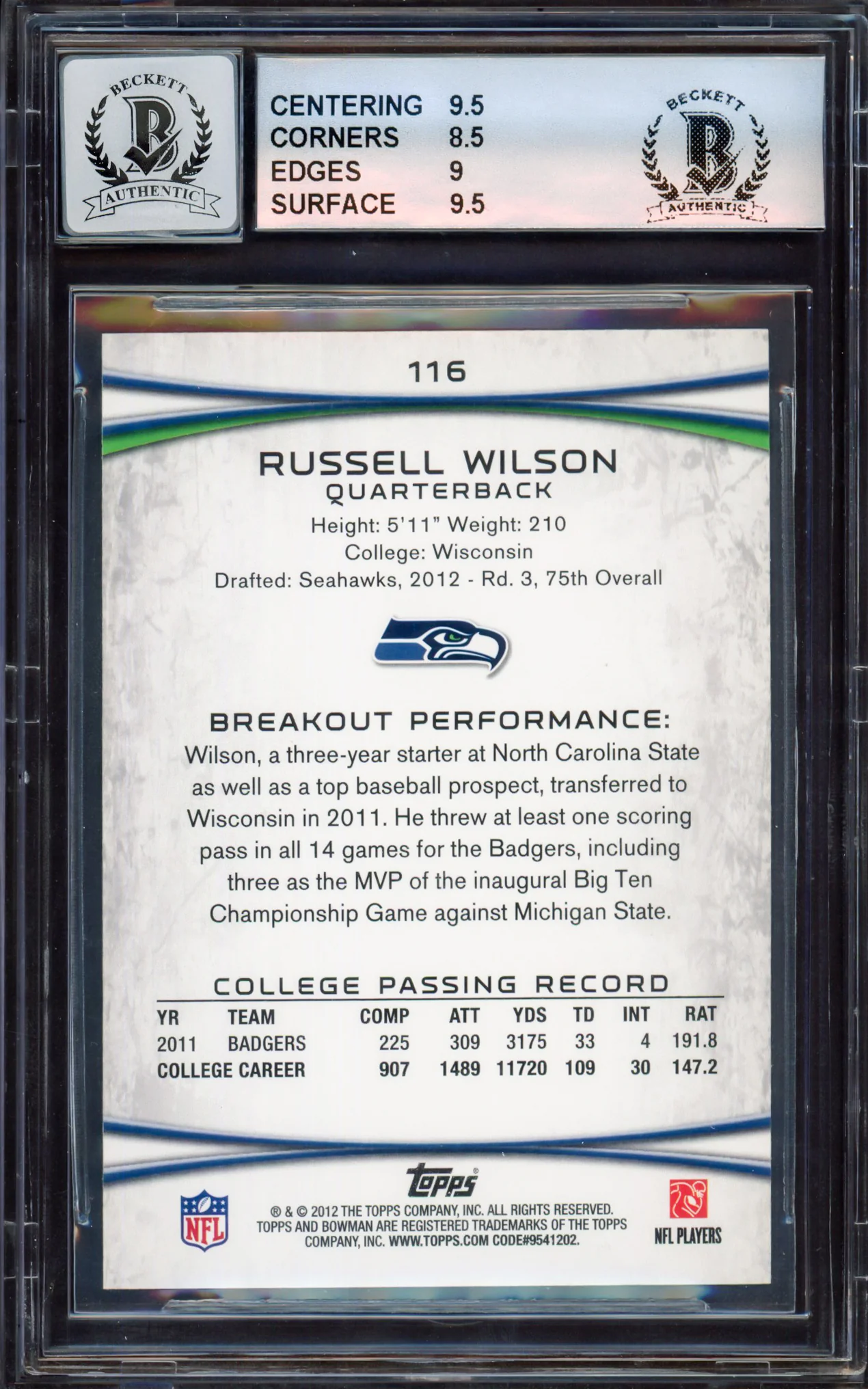 Russell Wilson Autographed 2012 Bowman Rookie Card #116A Seattle Seahawks BGS 9 Auto Grade Gem Mint 10 Beckett BAS #15463798 - Image 2