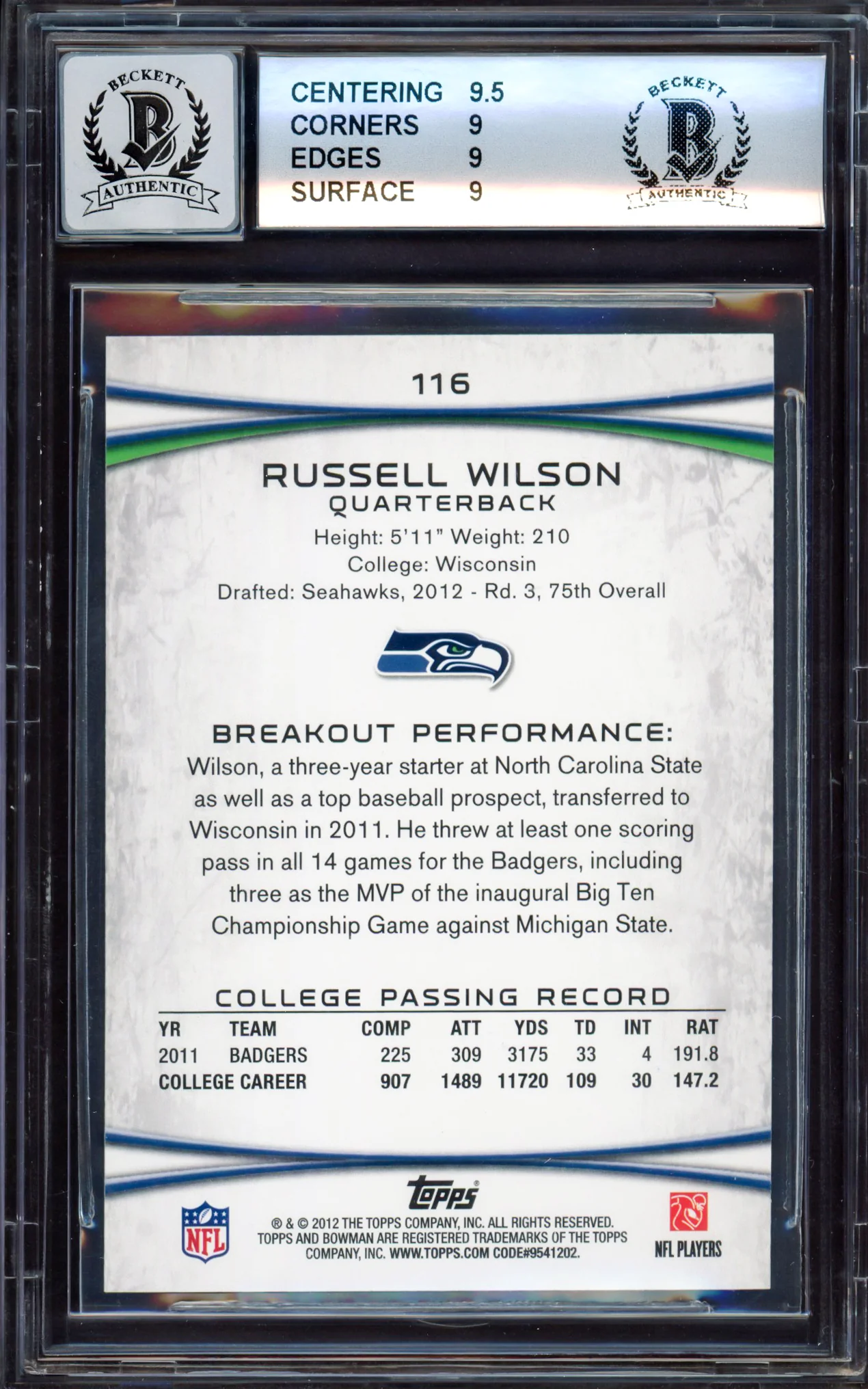 Russell Wilson Autographed 2012 Bowman Rookie Card #116A Seattle Seahawks BGS 9 Auto Grade Gem Mint 10 Beckett BAS #15530104 - Image 2