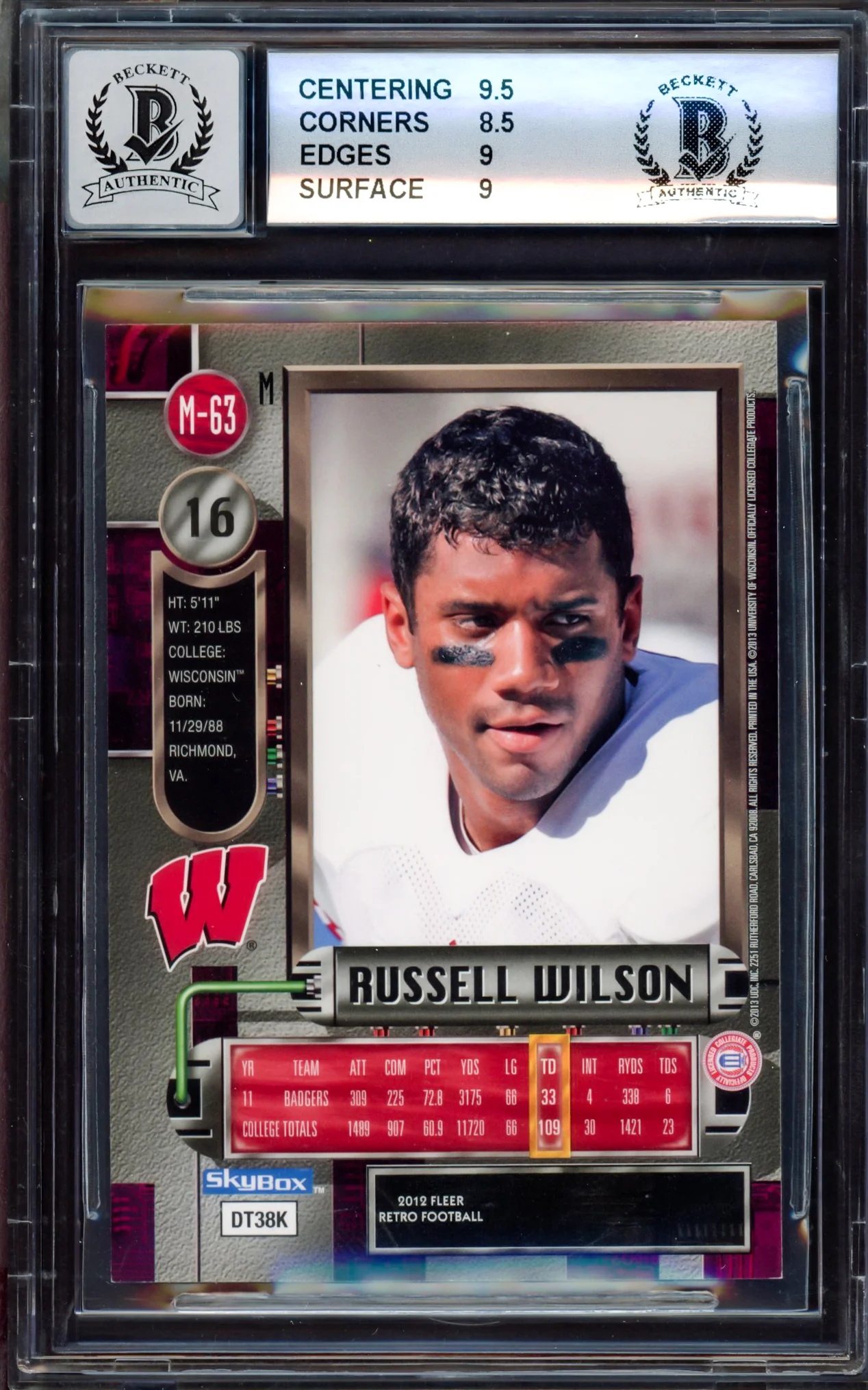 Russell Wilson Autographed 2012 Fleer Metal Universe Rookie Card #M-63 Wisconsin Badgers BGS 9 Auto Grade Gem Mint 10 Beckett BAS #15530117 - Image 2