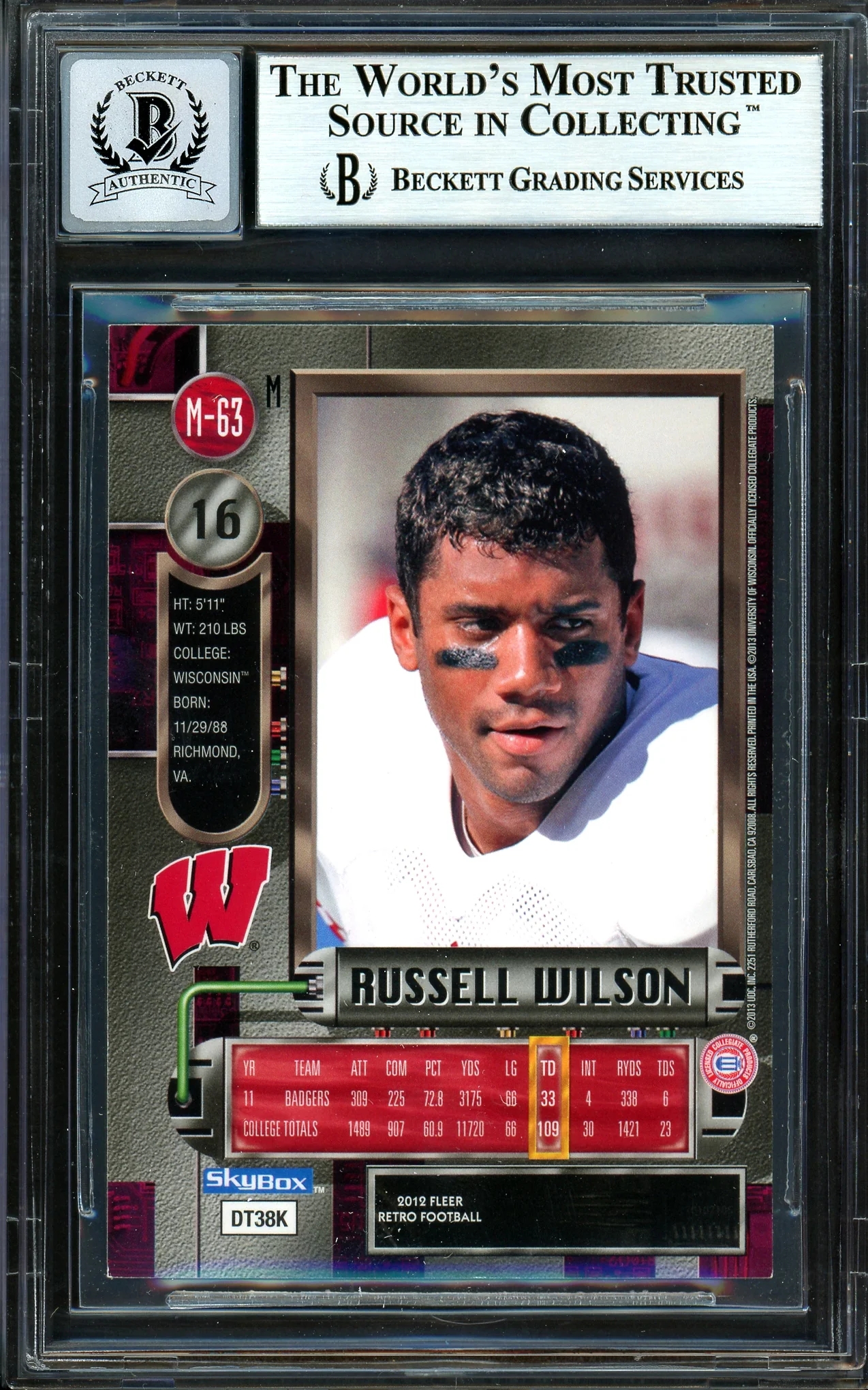 Russell Wilson Autographed 2012 Fleer Retro Metal Rookie Card #M-63 Seattle Seahawks Auto Grade Gem Mint 10 Beckett BAS #13315343 - Image 2