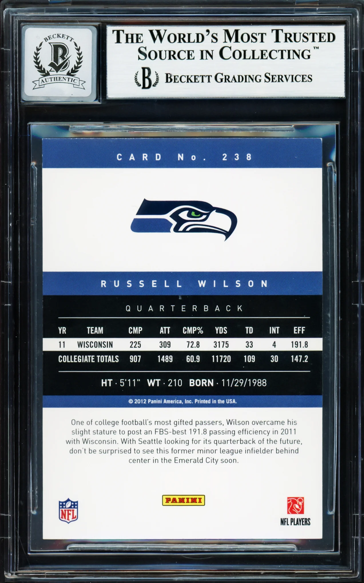 Russell Wilson Autographed 2012 Panini Prestige Rookie Card #238 Seattle Seahawks Auto Grade Gem Mint 10 Beckett BAS Stock #220156 - Image 2