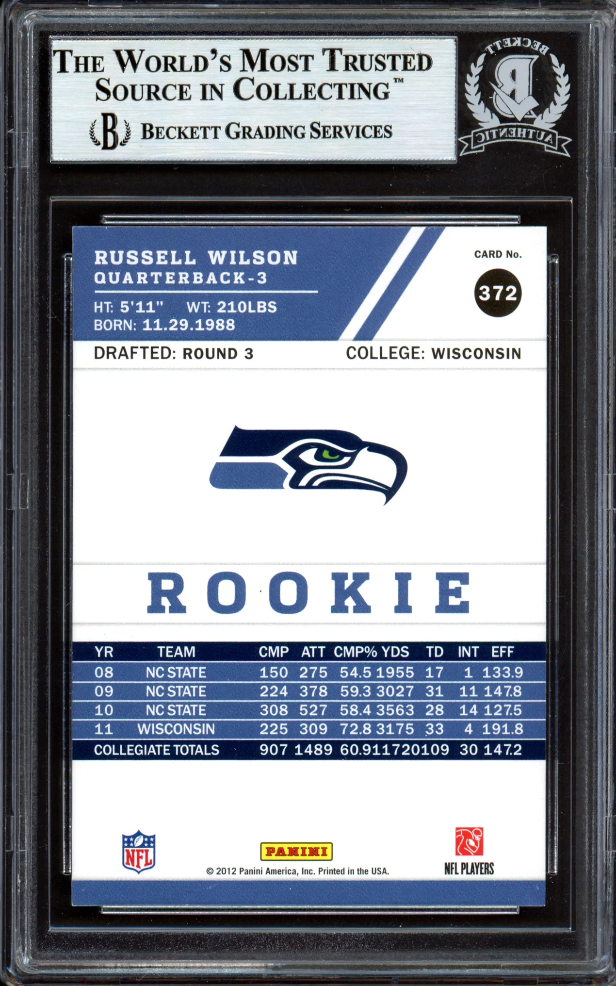 Russell Wilson Autographed 2012 Score Glossy Rookie Card #372 Seattle Seahawks Beckett BAS #13447085 - Image 2