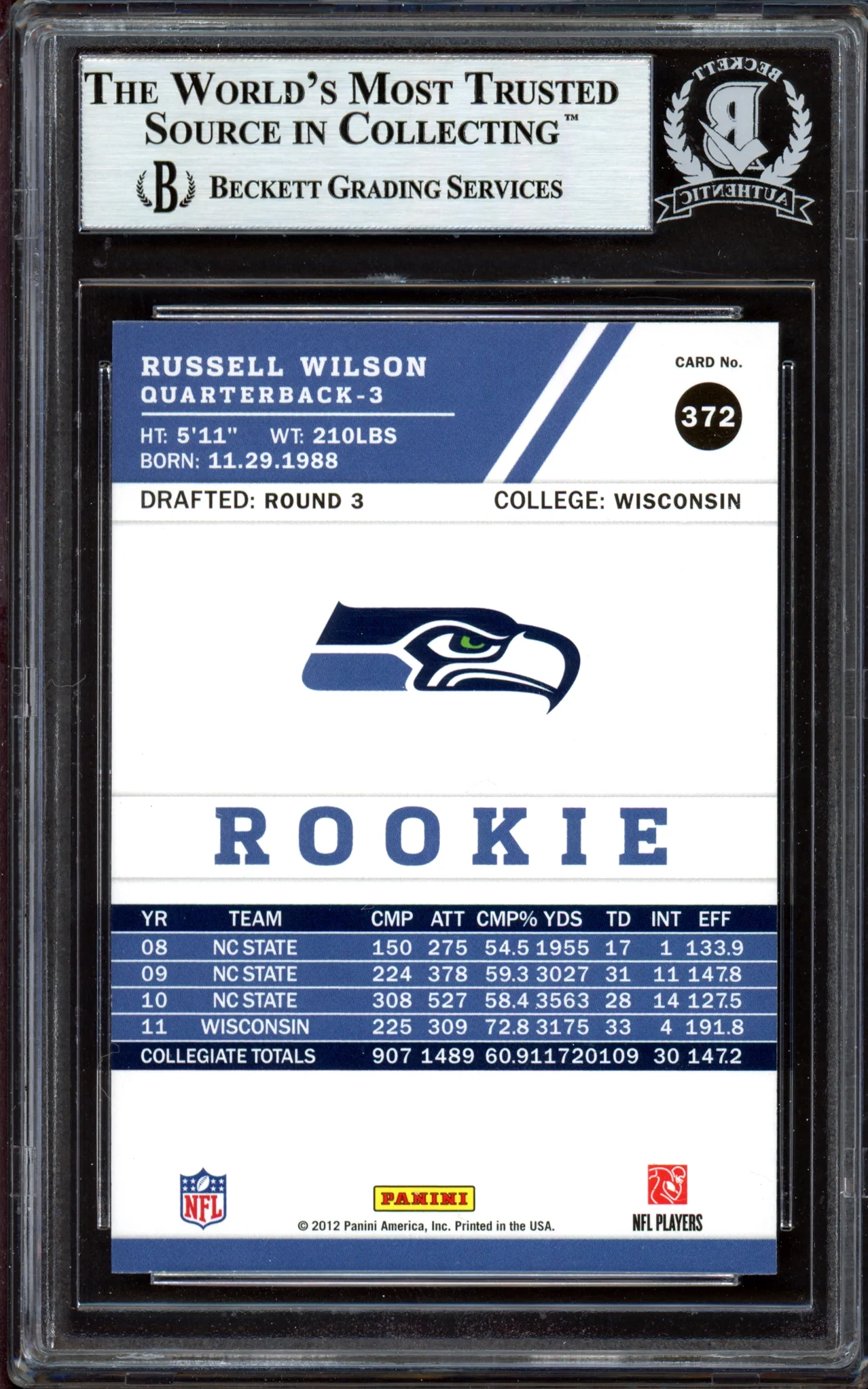 Russell Wilson Autographed 2012 Score Glossy Rookie Card #372 Seattle Seahawks Beckett BAS #13447087 - Image 2