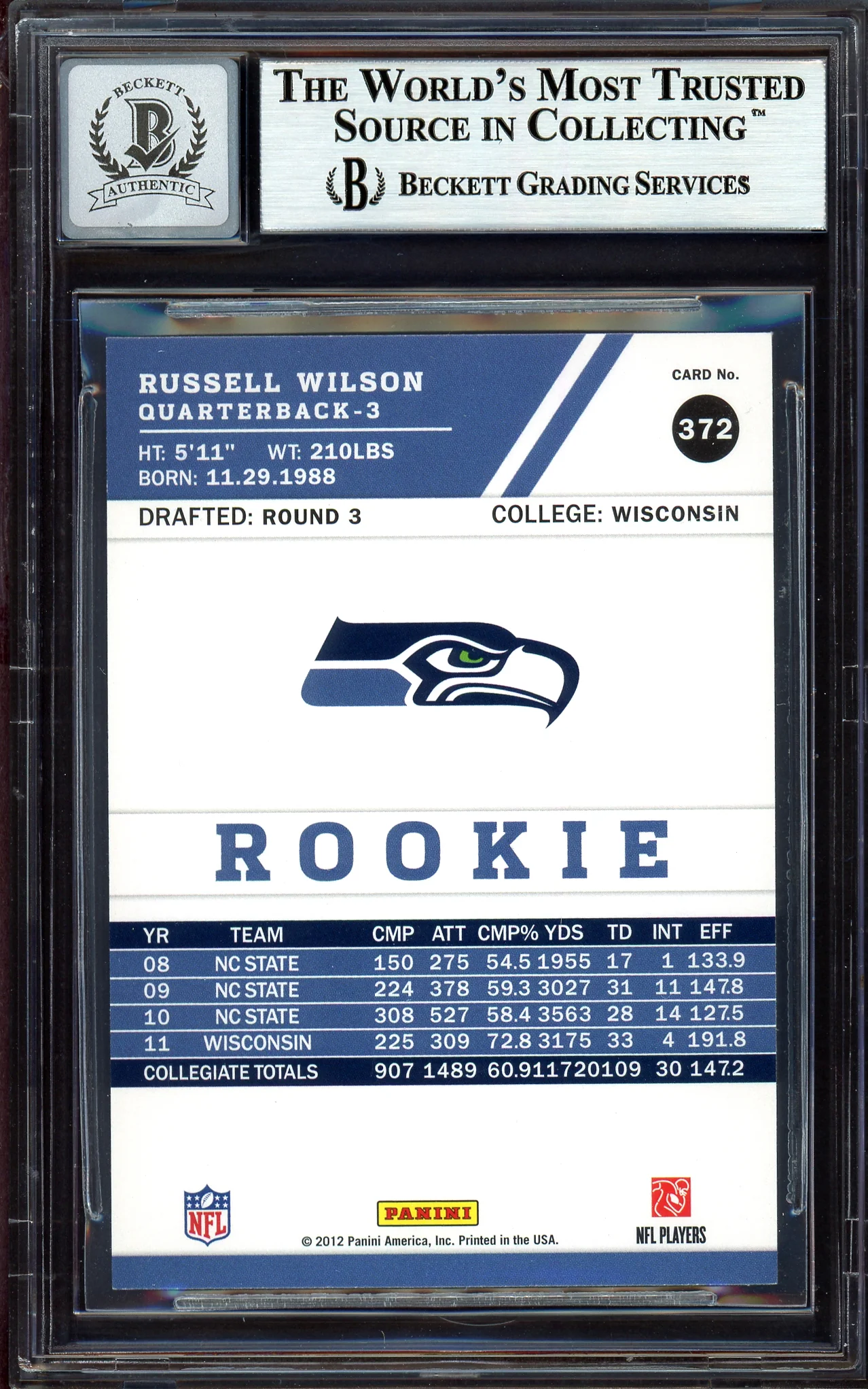 Russell Wilson Autographed 2012 Score Rookie Card #372 Seattle Seahawks Auto Grade Gem Mint 10 Beckett BAS #13315356 - Image 2