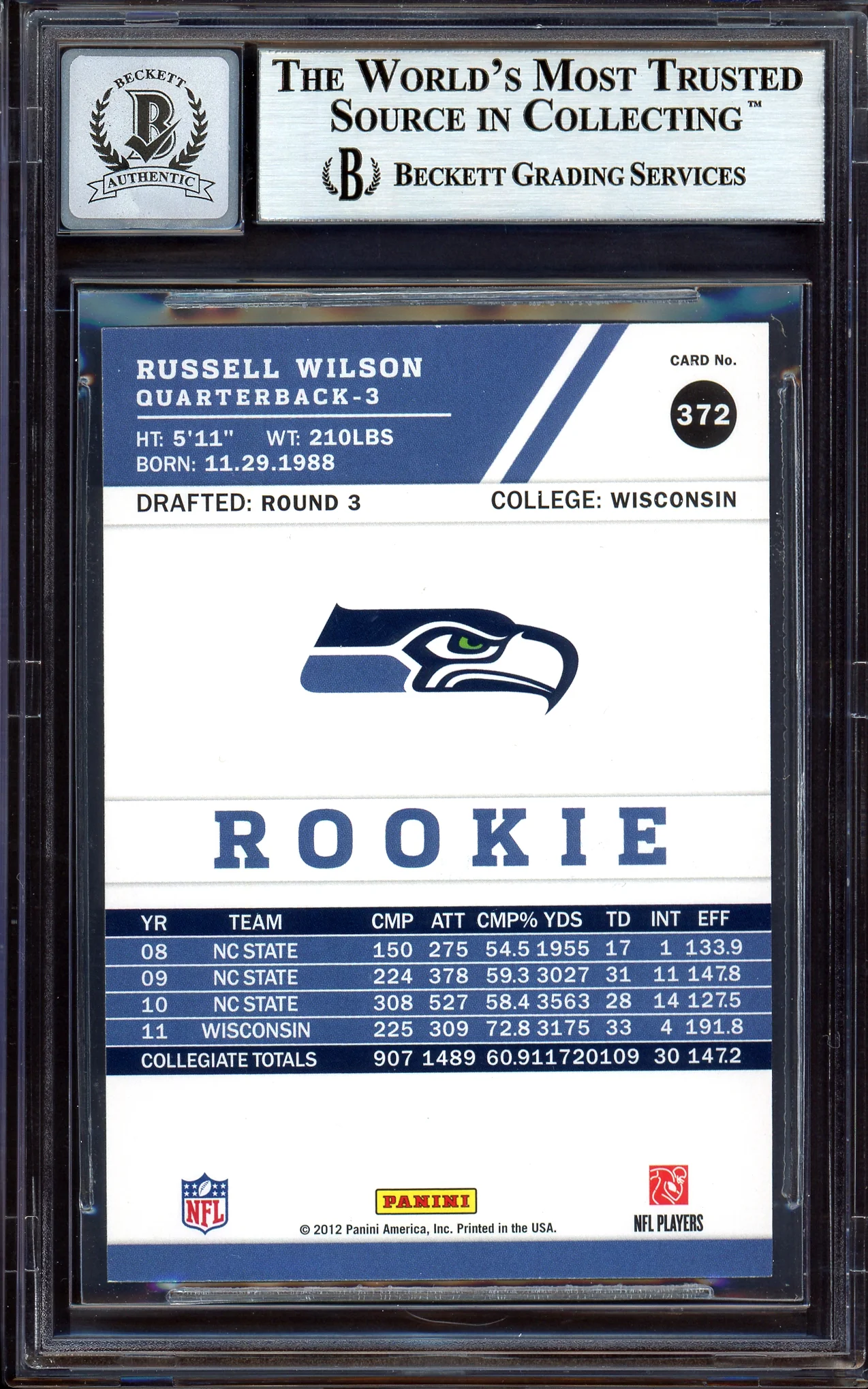 Russell Wilson Autographed 2012 Score Rookie Card #372 Seattle Seahawks Auto Grade Gem Mint 10 Beckett BAS #13315357 - Image 2